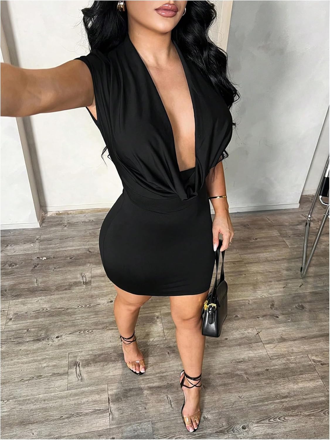 SOLY HUX Women's Open Back Mini Dress Sexy Deep V Neck Draped Cap Sleeve Backless Bodycon Party Club Dresses - Image 3