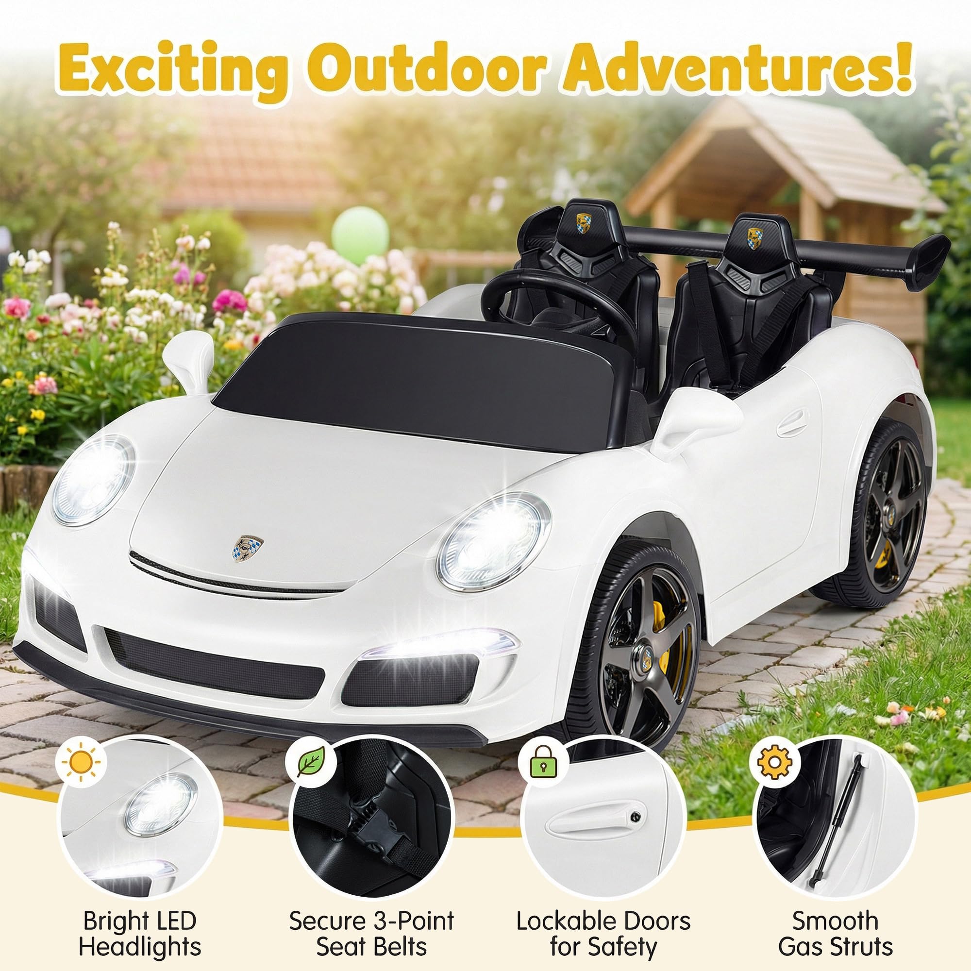 RELAX4LIFE Auto Elettrica per Bambini 24V con Licenza RUF, 2 Posti Rosa, Telecomando 2.4G, Luci LED, Giocattolo per Bambini 3-8 Anni (Modello: S322) (Bianco)