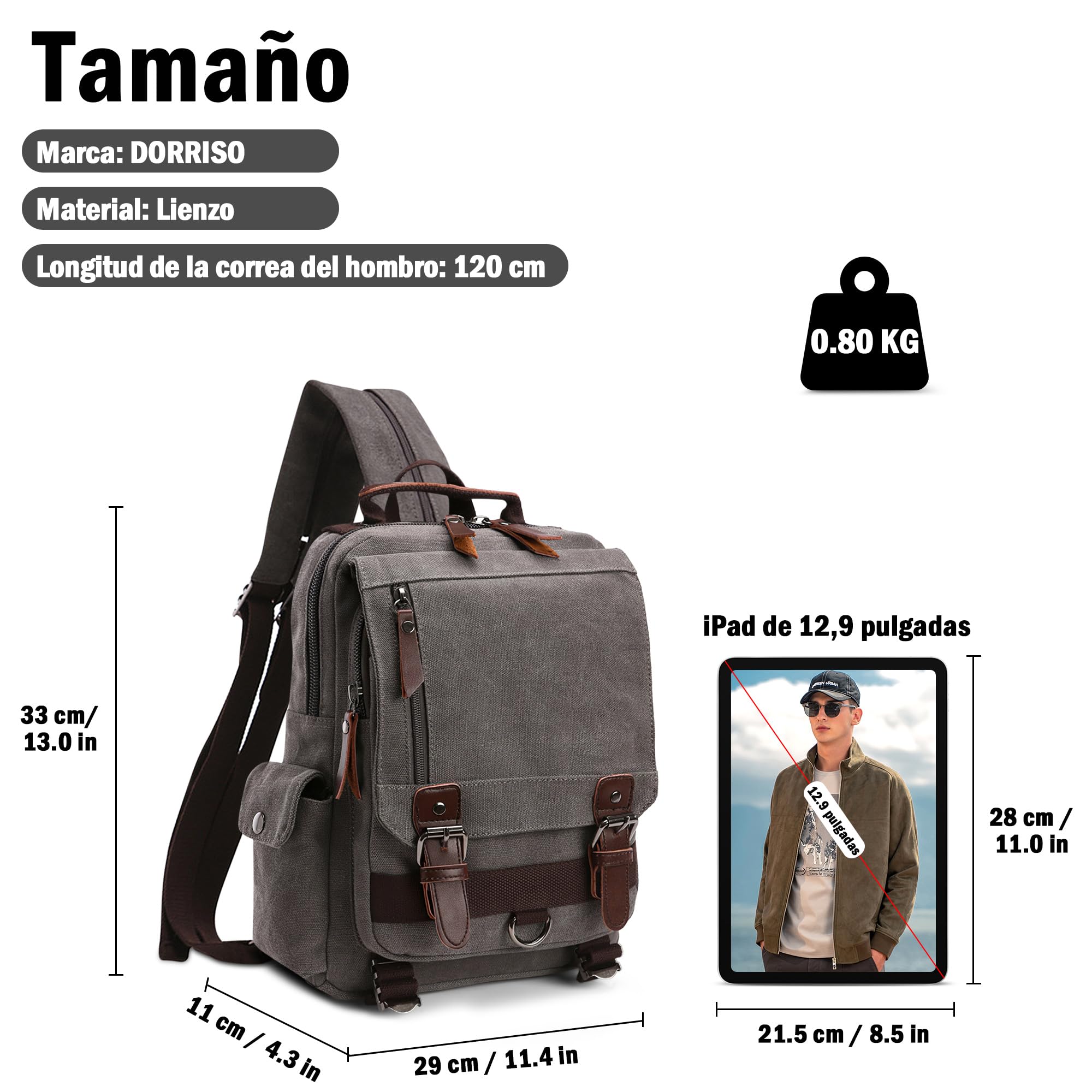 Mochila Hombres Lona Moda Bolsa de Hombro para Viaje Escolares Conmutar Causal Bolsos Mochila Lona Messenger Bag Gris A