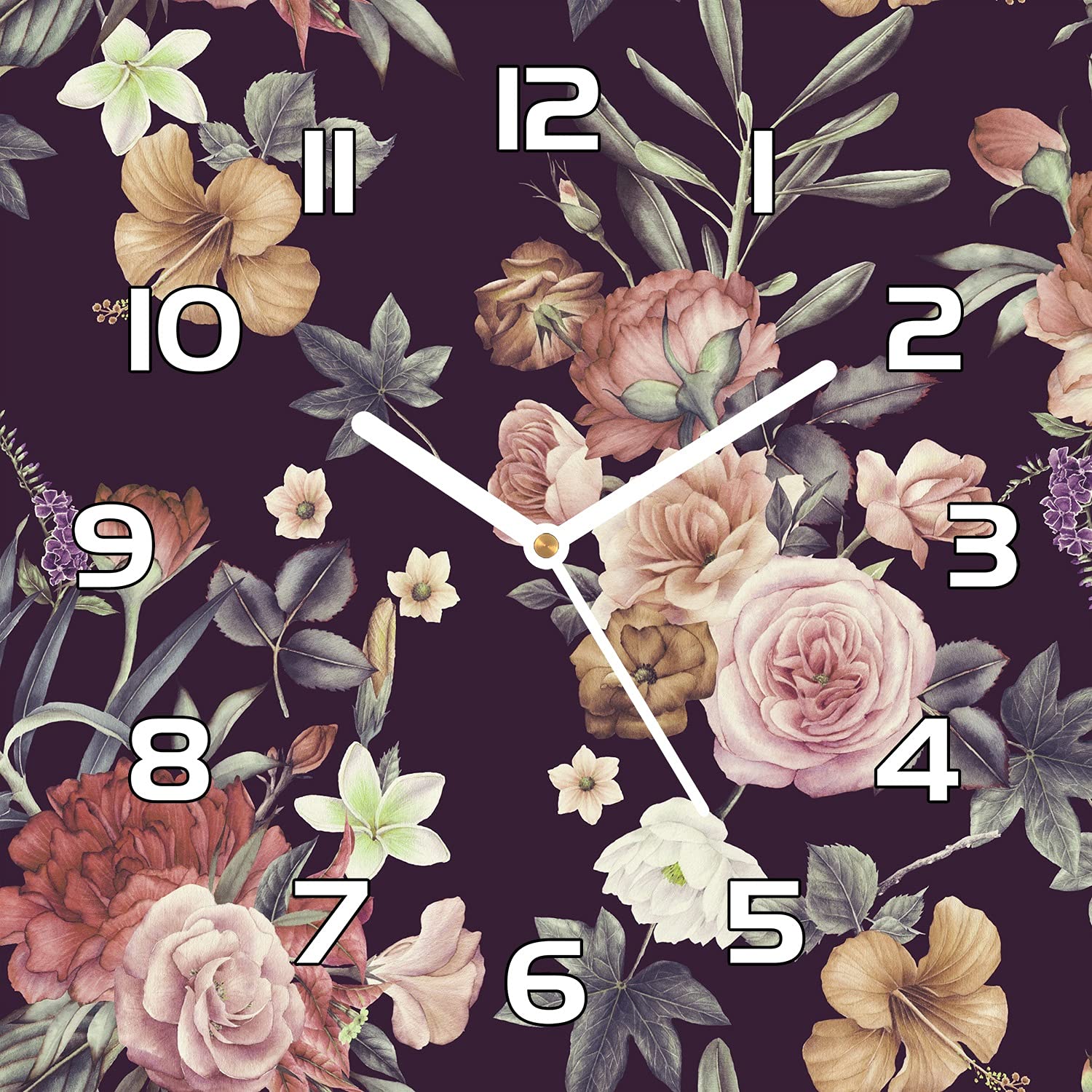 Horloge en verre 30x30 cm Coloray avec aiguilles noires et motif de fleurs florales vintage