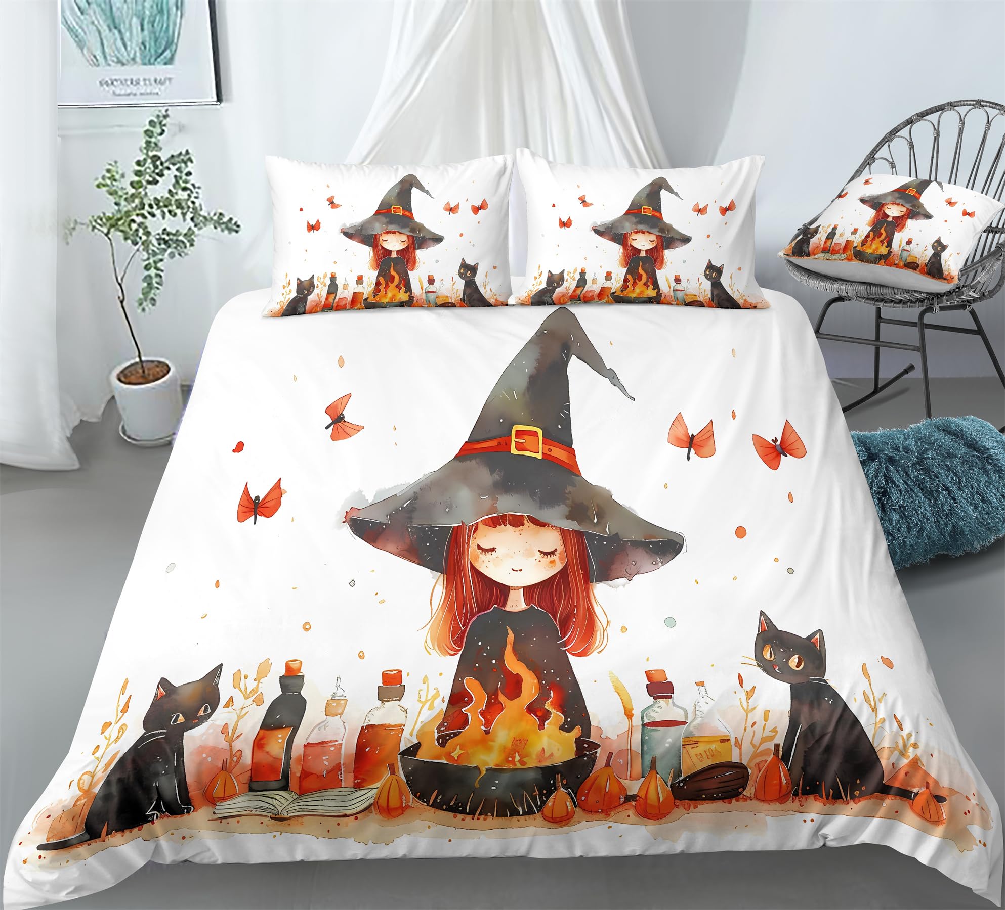 REALIN Spellbinding Witch Duvet Cover Set Halloween Enchanted Witch Print Bedding Girl Boy Kids Bed Sets 3/4PCS Quilt Covers/Sheets/Pillow Shams,Twin/Full/Queen/King (A,Twin-172x218cm-3PCS)