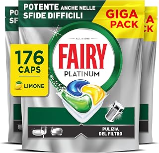 Fairy Platinum Plus Pastiglie Lavastoviglie Tutto in Uno, 176 Caps, Limone | Detersivo in Capsule, Stoviglie Brillanti, Rimuovi Grasso, Efficace nei Cicli Brevi al Primo Lavaggio, Anti-Opaco, Pack XL