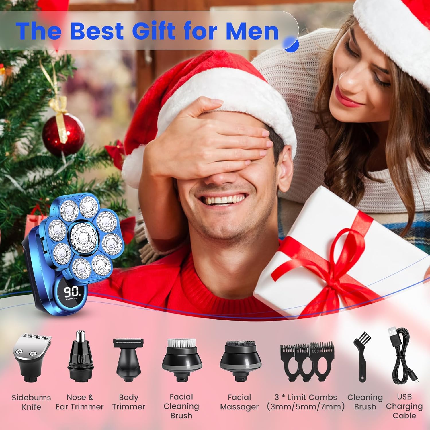Electric Head Shaver for Bald Men, 6 in 1 Electric Head Razors for Men Shaving, Waterproof Bald Head Beard Shavers for Men with Grooming Kit, LED Display Rechargeable Rotary Shaver for Wet/Dry Shaving