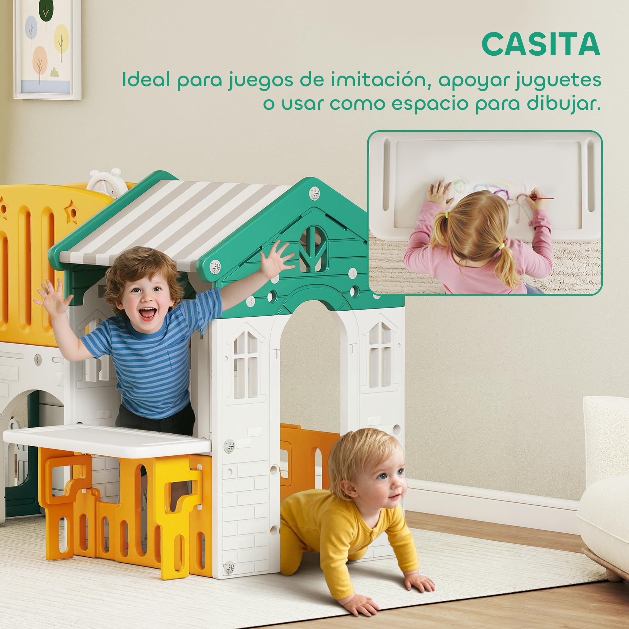 AIYAPLAY Tobogán Infantil 7 en 1 con Caseta para Niños, Tobogán con Escalera, Aro de Baloncesto, Túnel, Pizarra, Telescopio, para Interior, Amarillo y Verde
