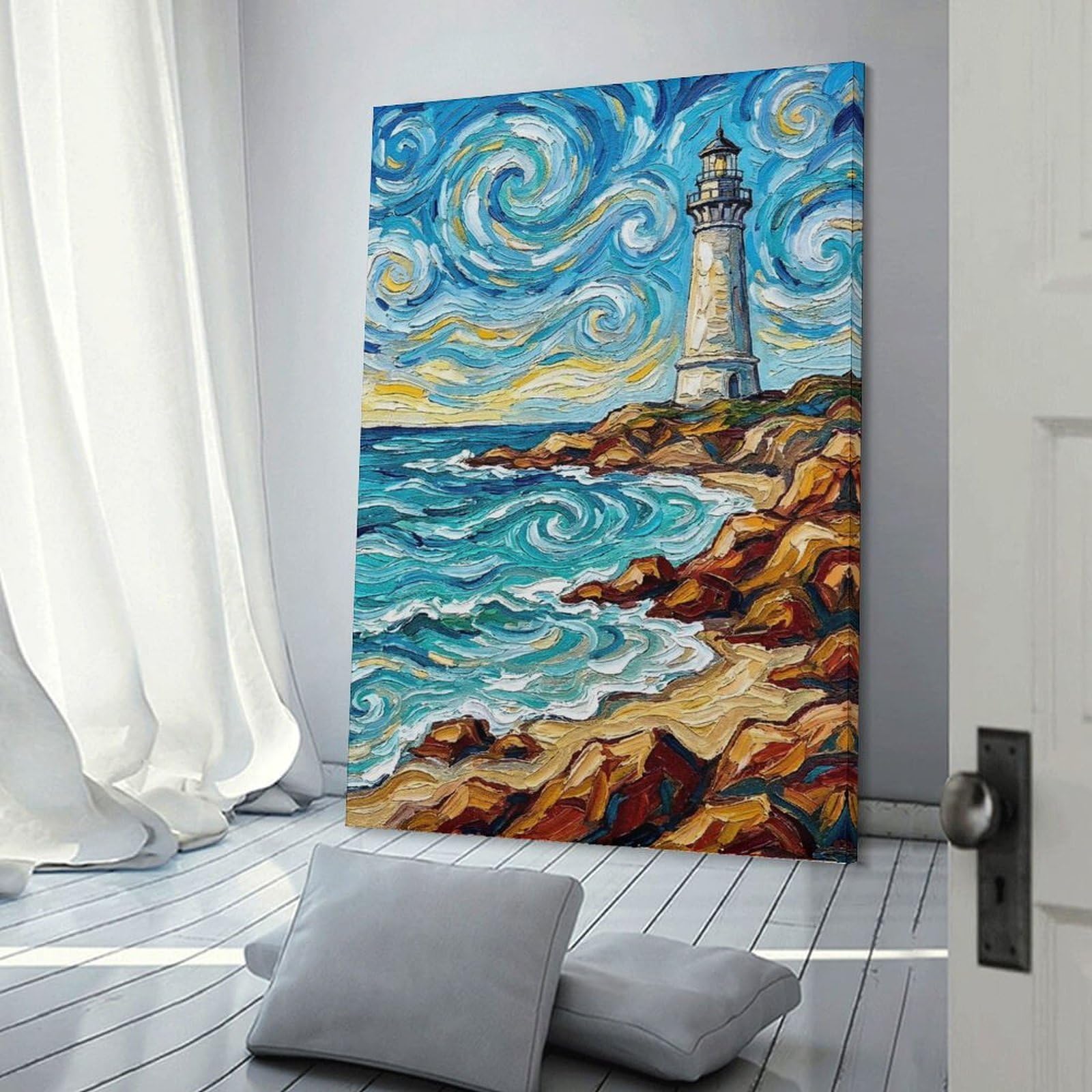 Junmoney Lighthouse Seascape Painting Home Decor Wall Art, 24x36inch(60x90cm), for Home Walls, Creative Rooms Or Shared Spaces, An Adaptable Decor Piece for Home Use