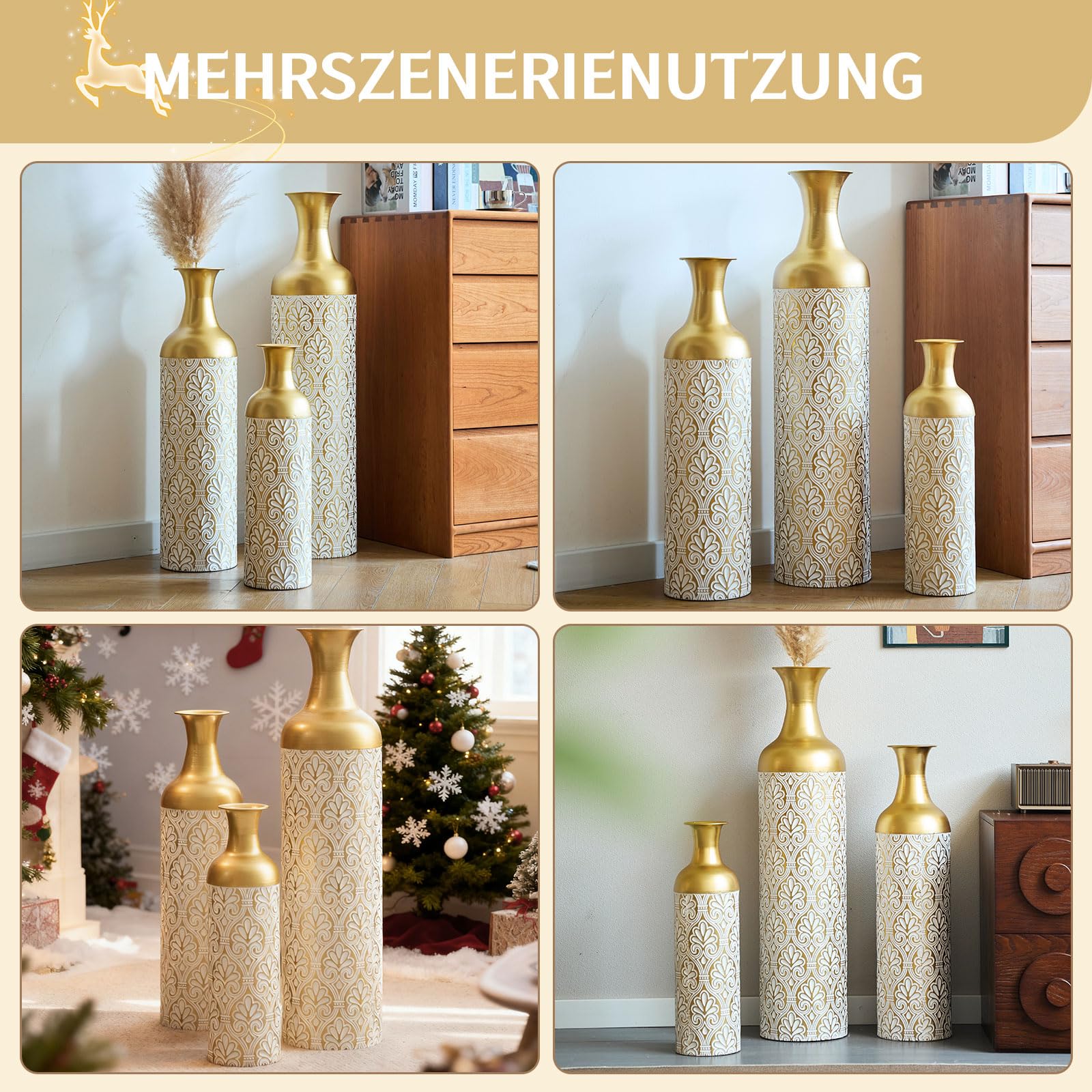 Juego de 3 jarrones altos de suelo – 83/65/50 cm, jarrones de metal blanco y negro para hierba de las Pampas, flores secas y ramas, jarrones decorativos para sala de estar, dormitorio (oro blanco +