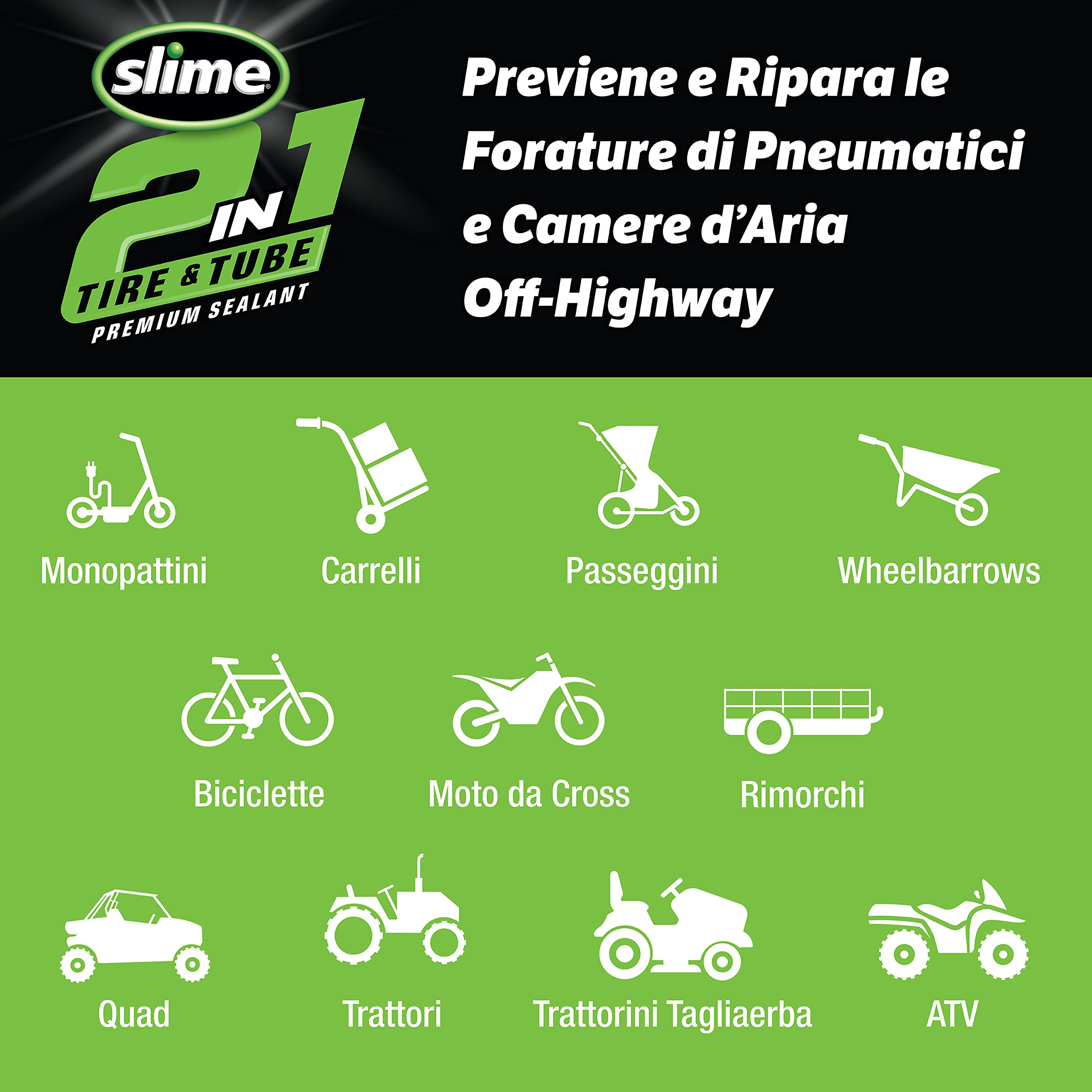 Slime 10193-51 Sigillante 2 in 1 per Camera d'Aria e Pneumatico Antiforatura, Premium, Prevenire e Riparare, per Tutti i Tipi di Camere d’Aria e Pneumatici Fuoristrada, 473ml (16oz)