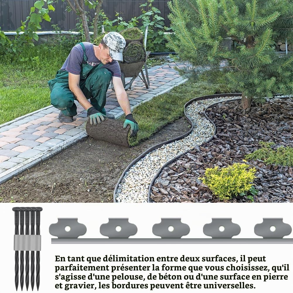 Bordure de Jardin Flexible 10m × 5cm, Bordures de Jardin avec 30 Piquets d'ancrage, Bordure Jardin Exterieur Plastique, Bordurette de Pelouse Flexible, Bordure de Gazon Piquet Idée de Jardin (Noir)