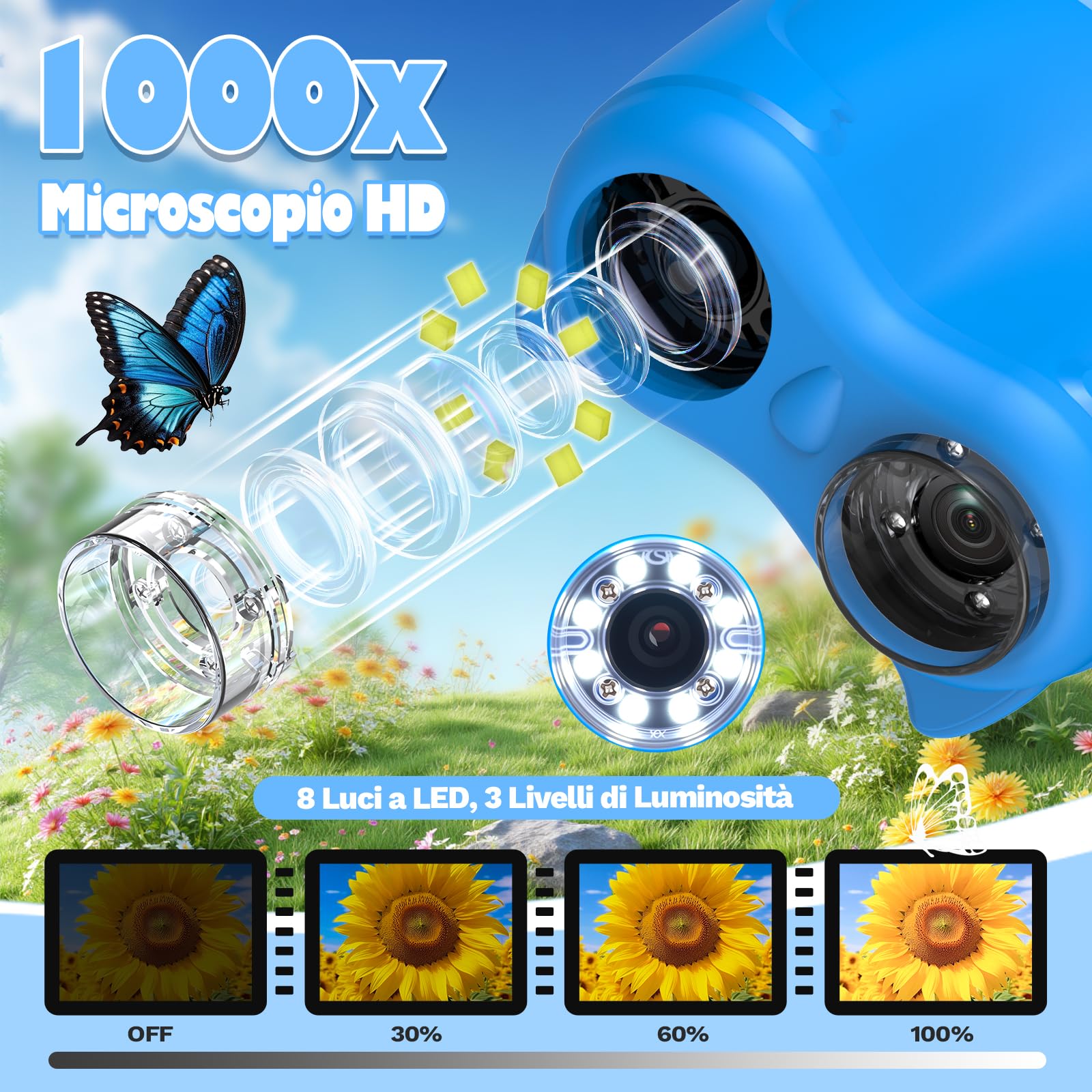 Microscopio e Telescopio Digitale 2 in 1 per Bambini (Blu) | Microscopio Portatile 1000x con Schermo HD da 2,0", Funzioni Fotografiche e Telescopiche – Regalo Natale o Compleanno