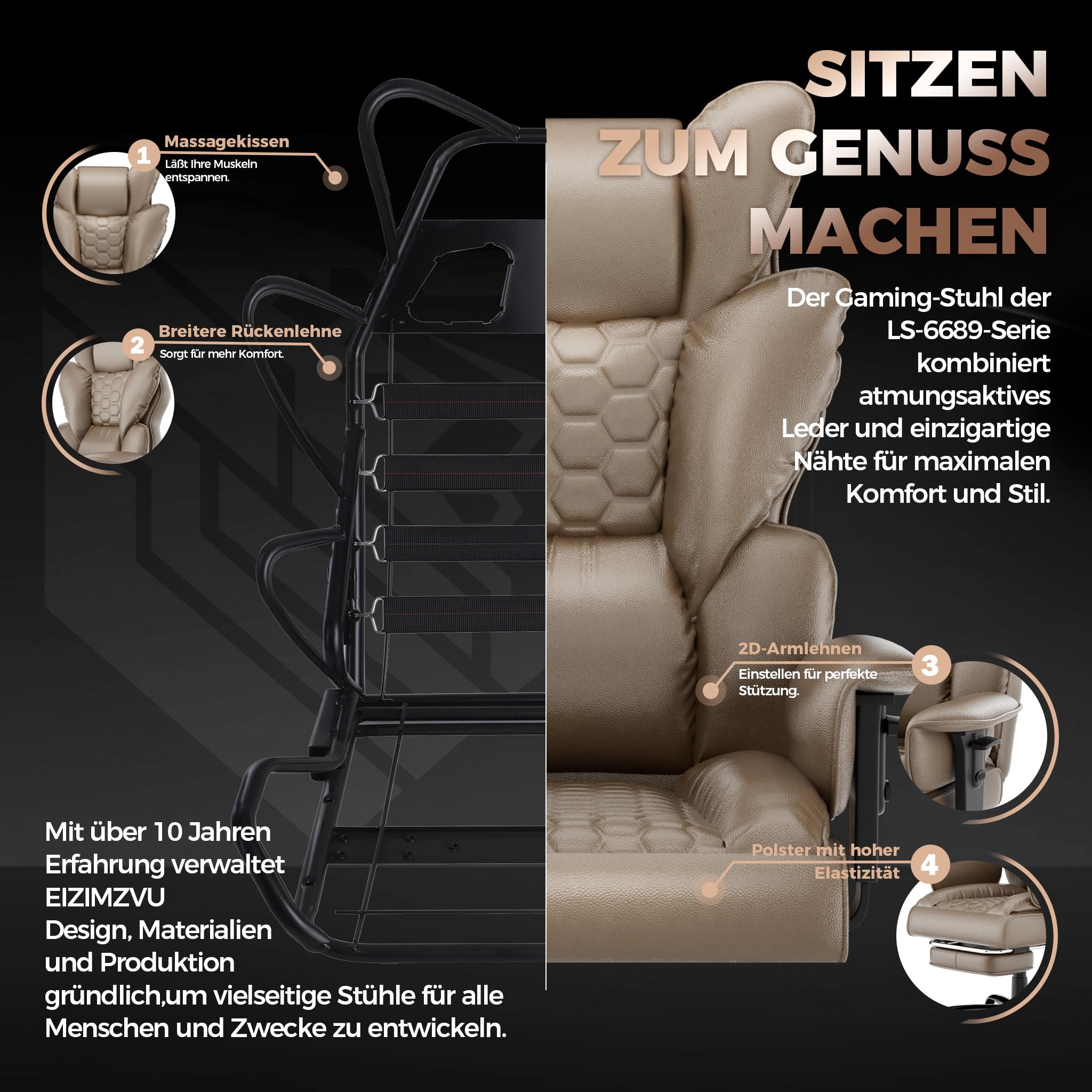 LZQ Ergonomischer Bürostuhl Leder Chefsessel mit Fußstütze, Gaming Stuhl Computerstuhl aus PU, 90-150° Verstellbare Rückenlehne, Höhenverstellbare Armlehnen, 150kg Belastbar für Büro, Braun