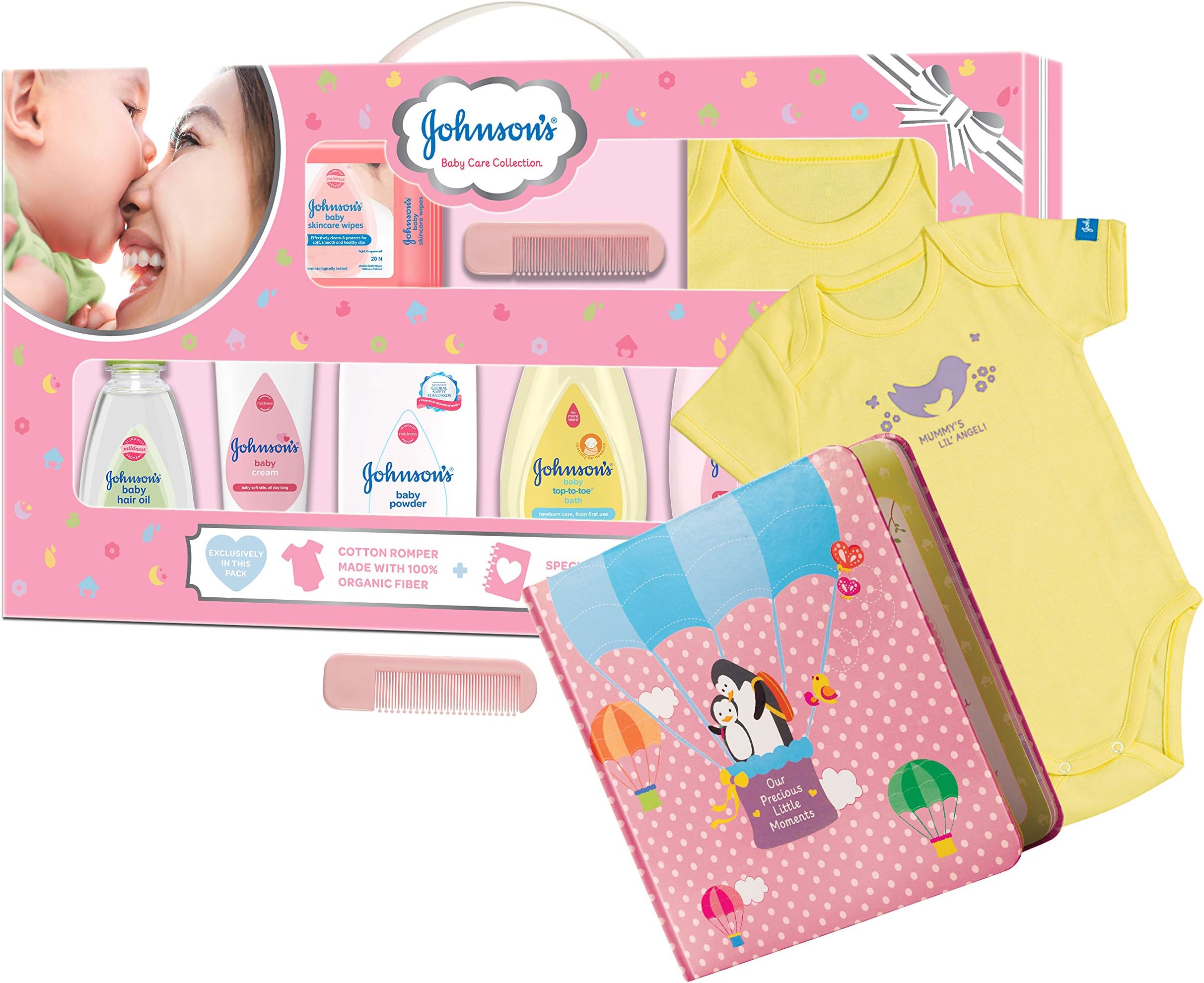 Johnson's Baby Newborn Gift Set with Organic Cotton Dress & Milestone Book, Set of 10