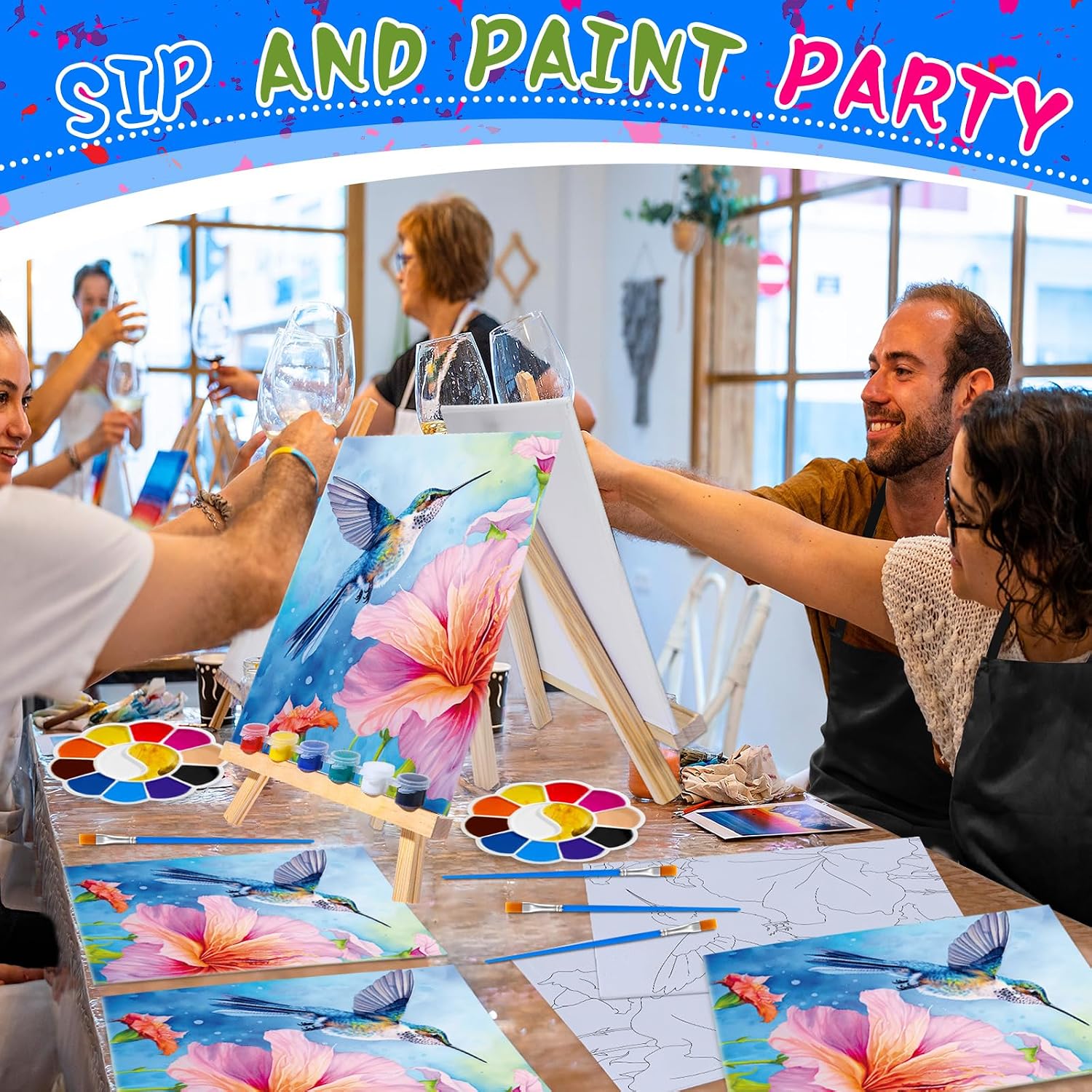 Motipuns 6 Set Pre Drawn Canvas for Painting for Adults Sip and Paint Kit with Easels 8 x 10 Inches Paint Party Kit with Printed Canvas Paints Brushes Palette Apron(Hummingbird)