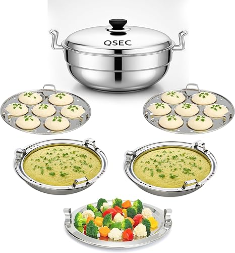 QSEC 3 en 1 de acero inoxidable idli maker inducción triple base Idly Cooker Multi Kadai idly Steamer dhokla cocina 0.197 in de espesor Base todo