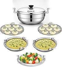QSEC 3-layer triply base stainless steel idli maker Multi Kadai idly Steamer dhokla cooker | 3 layer thick Base All-in-One Big Size with 5 Plate | 2 idli | 2 Dhokla | 1 Patra | Induction & Gas stove Compatible | Sandwich Bottom Multipurpose kadai