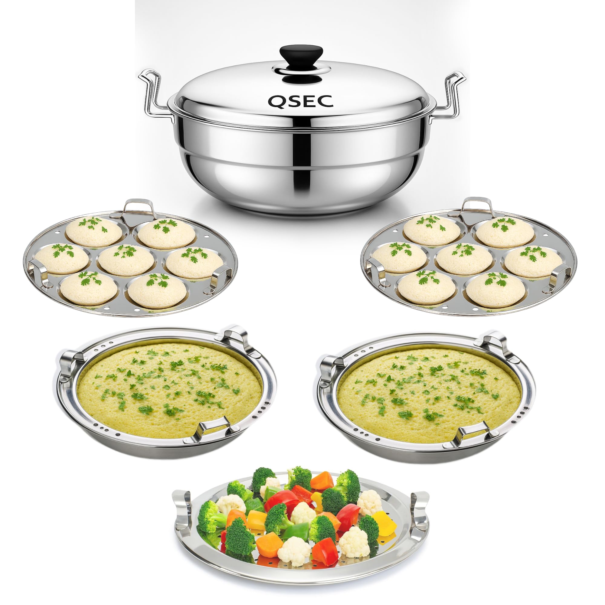 QSEC 3-layer triply base stainless steel idli maker Multi Kadai idly Steamer dhokla cooker | 3 layer thick Base All-in-One Big Size with 5 Plate | 2 idli | 2 Dhokla | 1 Patra | Induction & Gas stove Compatible | Sandwich Bottom Multipurpose kadai