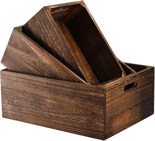 Miniatura 3 de Frcctre Juego de 3 cajas de almacenamiento de madera con asas, cajas decorativas de madera rústica, hechas a mano, cesta de madera maciza natural