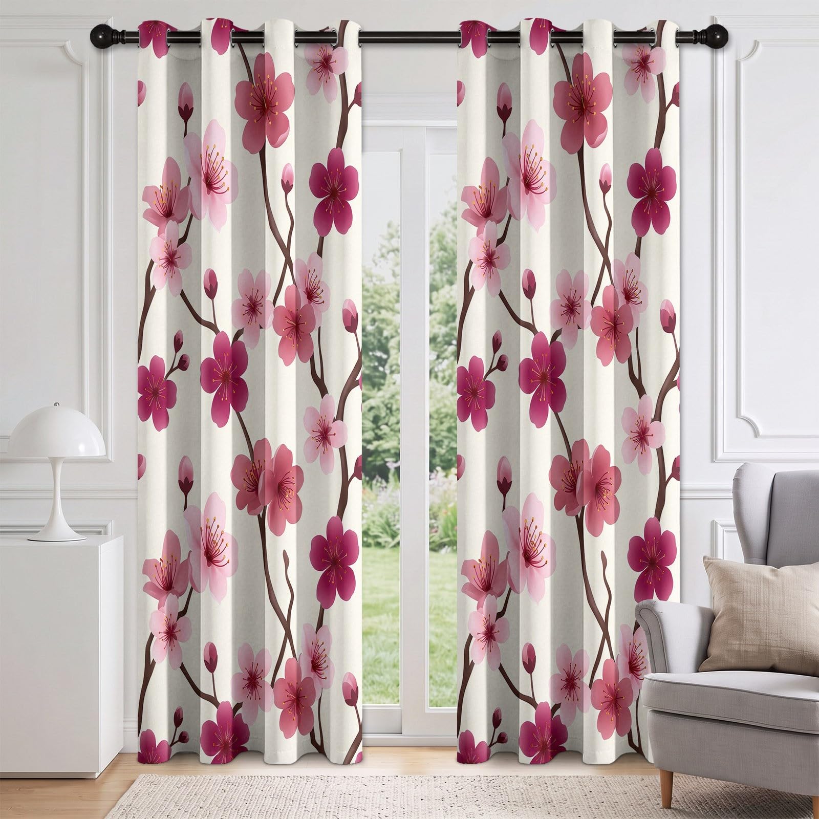 Akwarelowe japońskie kwiaty wiśni, 100% zasłony zaciemniające, 2 panele, szer. 140 x dł. 250 cm, kremowe tło, oczka, izolacja termiczna, energooszczędne zasłony, do zaciemniania pokoju, redukuje hałas