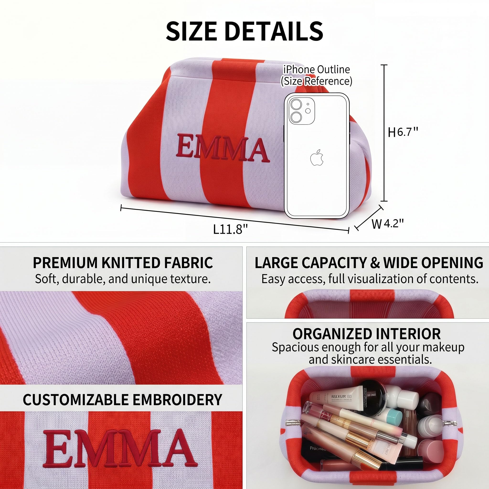Borsa per il trucco in maglia a righe personalizzata, borsa da toilette ricamata personalizzata con grande capacità, regali per damigella d'onore per donne, borsa portaoggetti Mahjong adatta