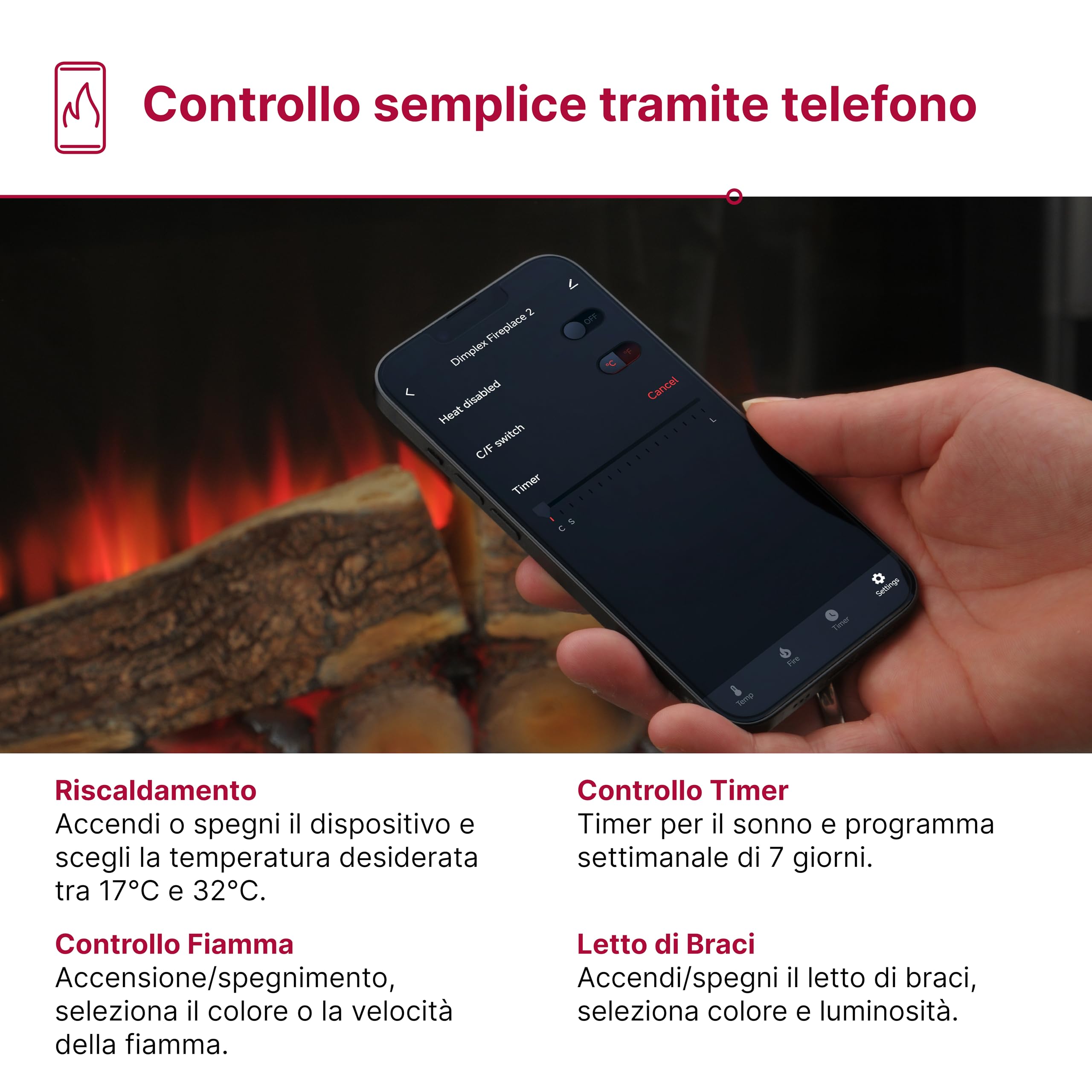Dimplex Spark 26" Camino Elettrico da Incasso Camino Elettrico da Parete con Termoventilatore 2 kW Effetto Fiamma LED Optiflame, Velocità e Luminosità Regolabili Incluso Timer e Telecomando
