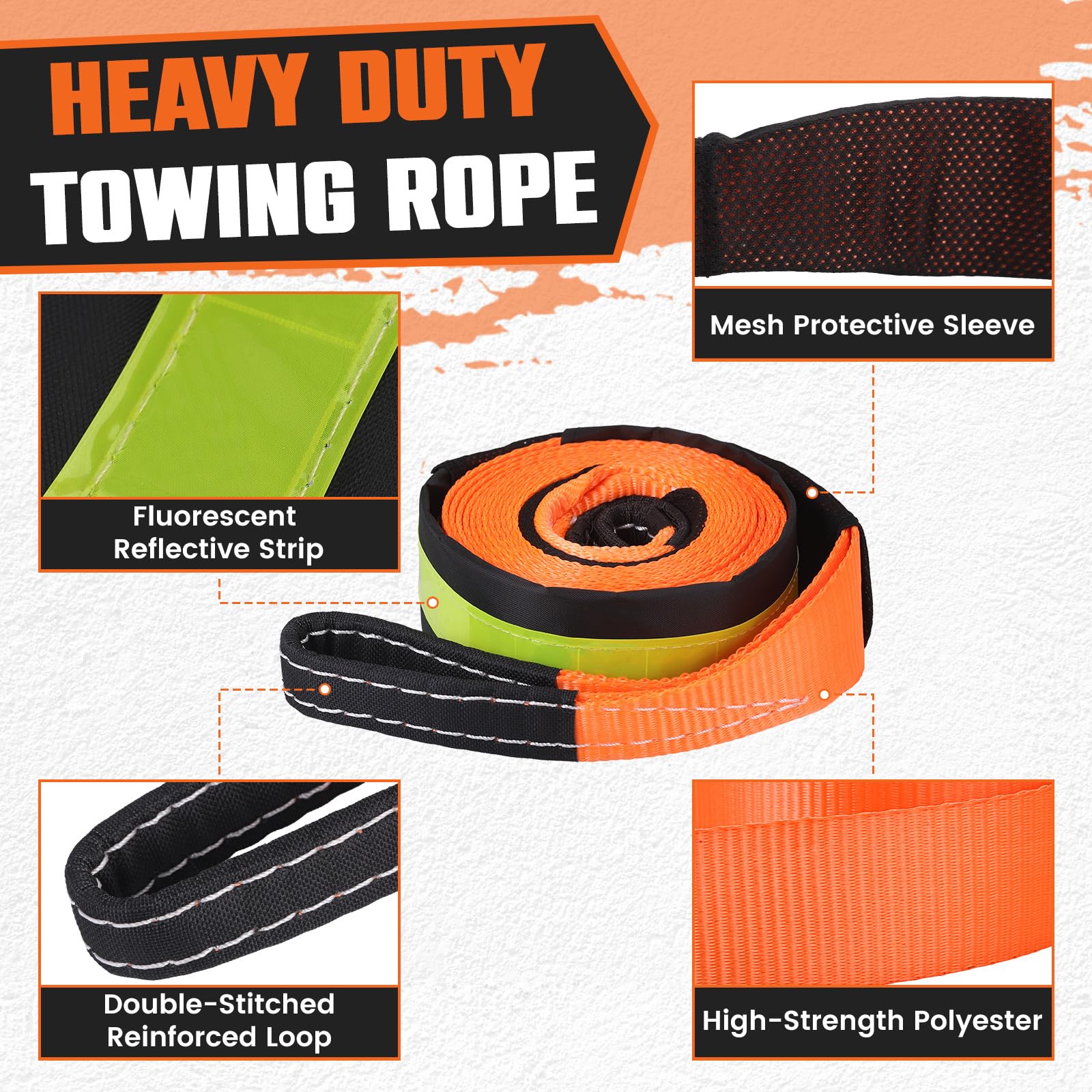 Cavo Traino 10 Ton Heavy Duty 5M x 5CM, Cintura Traino Ad Alta Resistenza per Auto con 2 Staffe Rinforzate, Borsa da Magazzinaggio e Guanti, Kit Recupero Fuoristrada per SUV, Furgone, Camion, Berlina