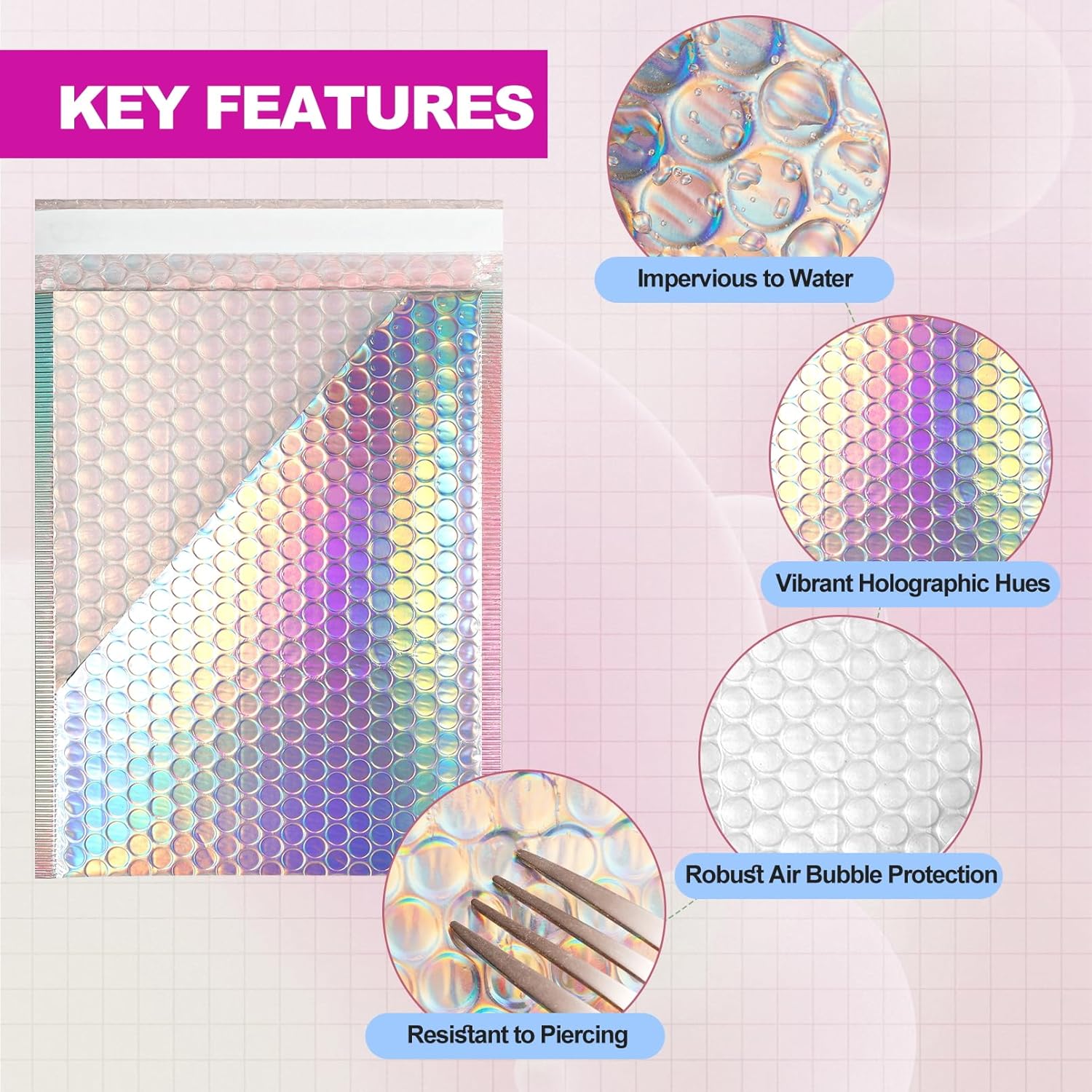 50 Pcs Holographic Bubble Mailers,Metallic Bubble Mailers With Thank You Cards and Stickers,Poly Padded Envelopes,Waterproof Self Sealing Shipping Bags for Mailing,Small Business