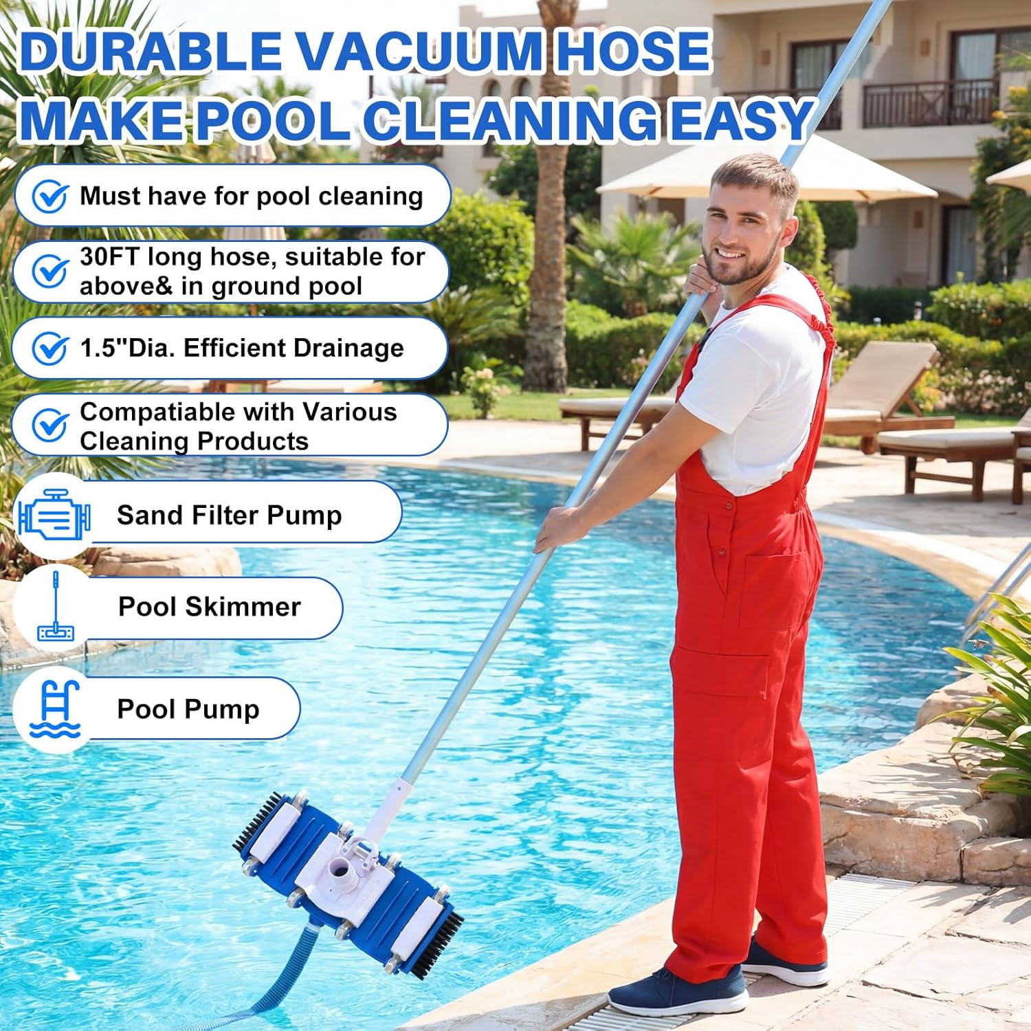 4 Pcs Swimming Pool Cleaning Kit Including Pool Vacuum Head with 1-1/2" x 30 ft Hoses Flexible Head with Bristles Wheel and Pole 14 '' Cleaning Brush for Inground Above Ground Cleaner