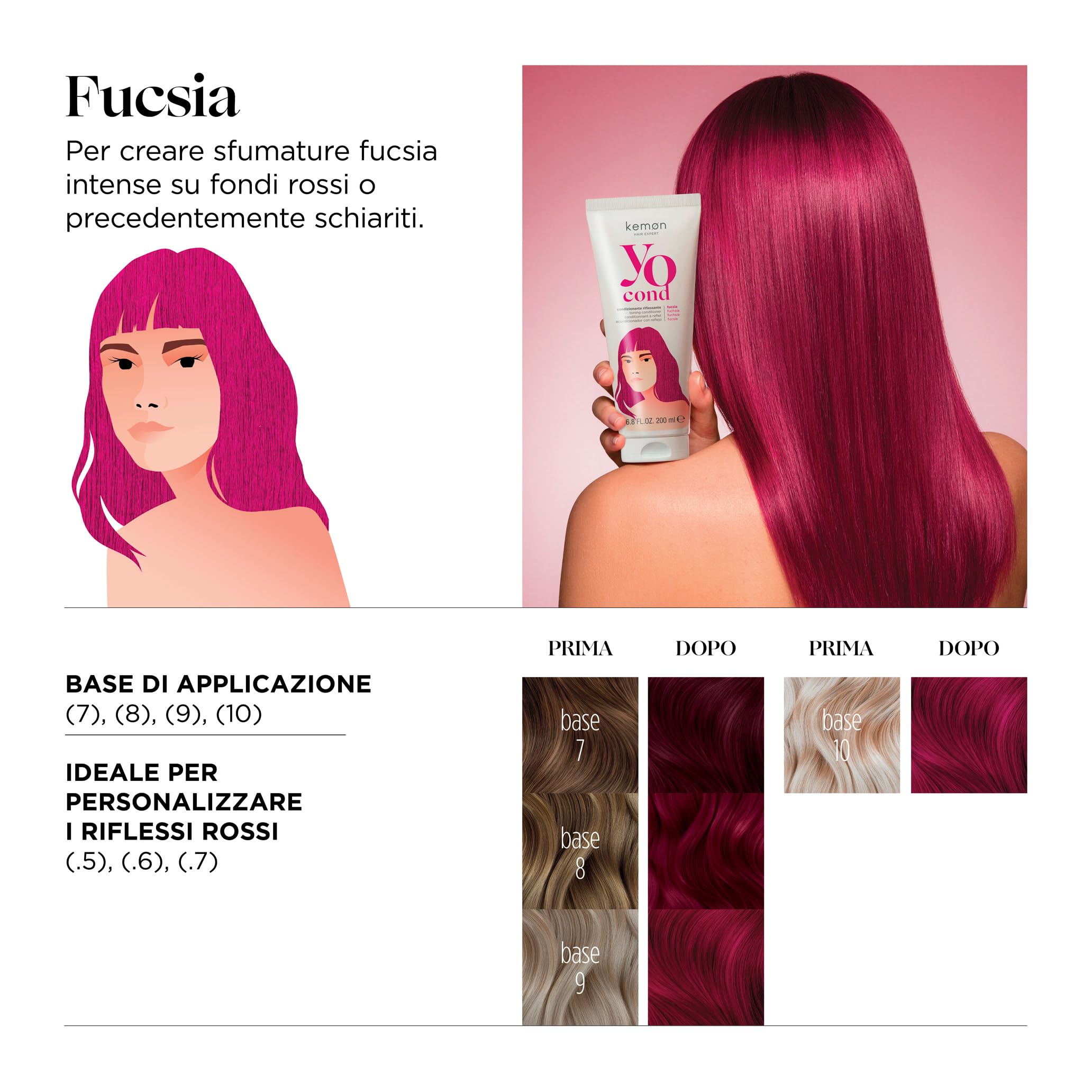 Kemon Yo Cond Fucsia - Maschera Riflessante Professionale con Formula YoVeg e Velian Complex, Nutre e Illumina i Capelli in 3 Minuti, 88% Ingredienti Naturali, 200 ml