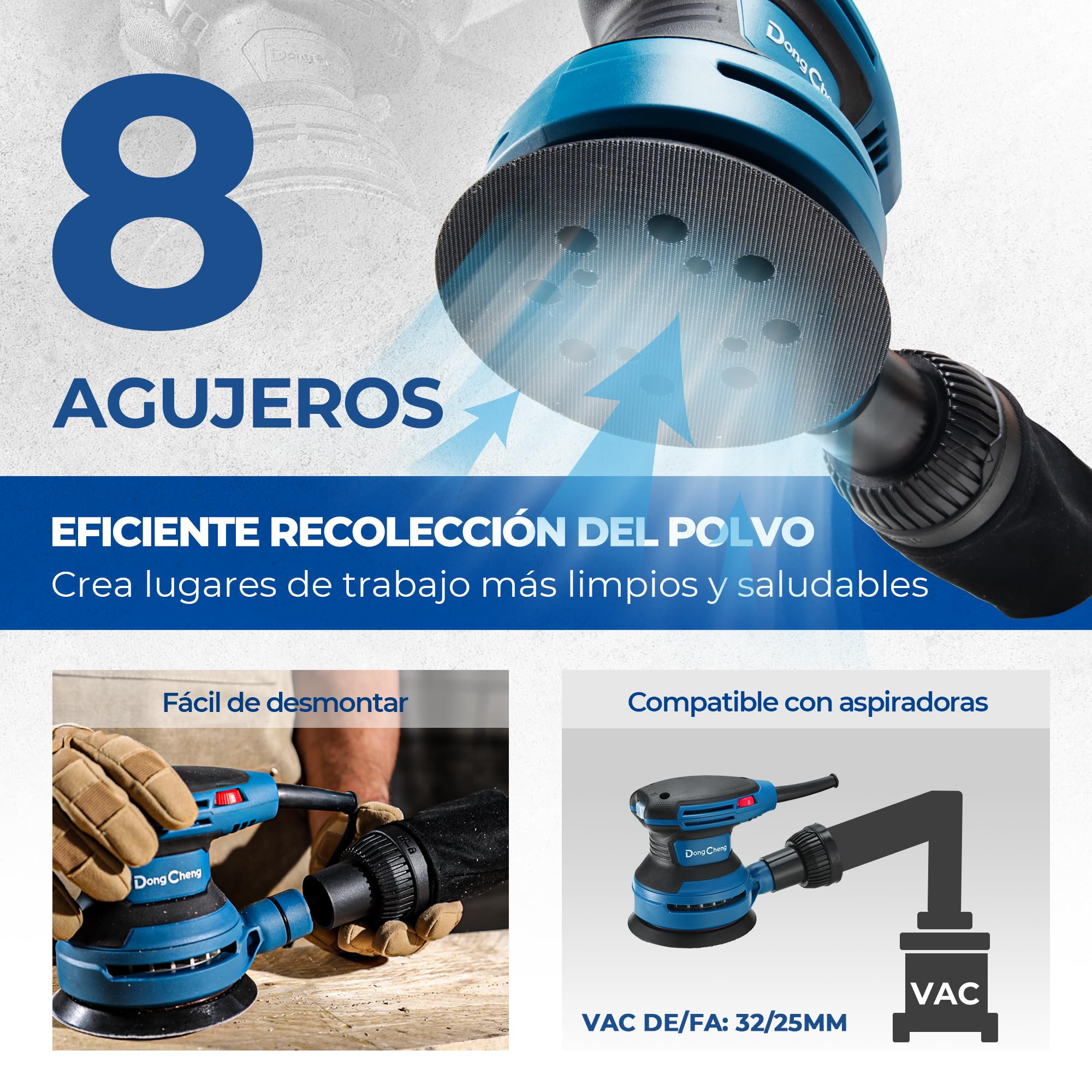 DongCheng Lijadora orbital 380W, lijadora Electrica de 125mm, 6 velocidades 8.000-12.800 rpm con colector de polvo y 20 lijas, ideal para trabajos profesionales de carpintería y lijado
