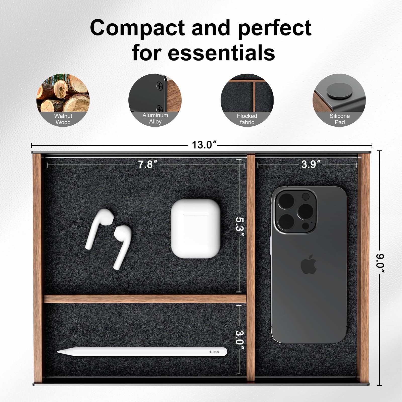 UPERGO Bandeja organizadora de cajones de escritorio, valet para hombre hecha de aluminio y nogal, accesorios estéticos de escritorio para suministros de oficina y hogar