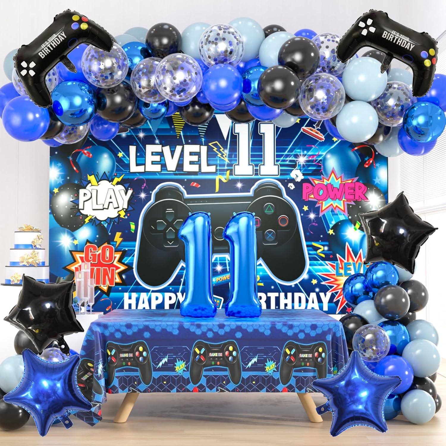 104pcs video game 11th birthday party decoration kit - 12" black and blue latex balloons, 11th happy birthday gaming backdrop, tablecloth, foil number 11 & gamer & star balloon for boys girls