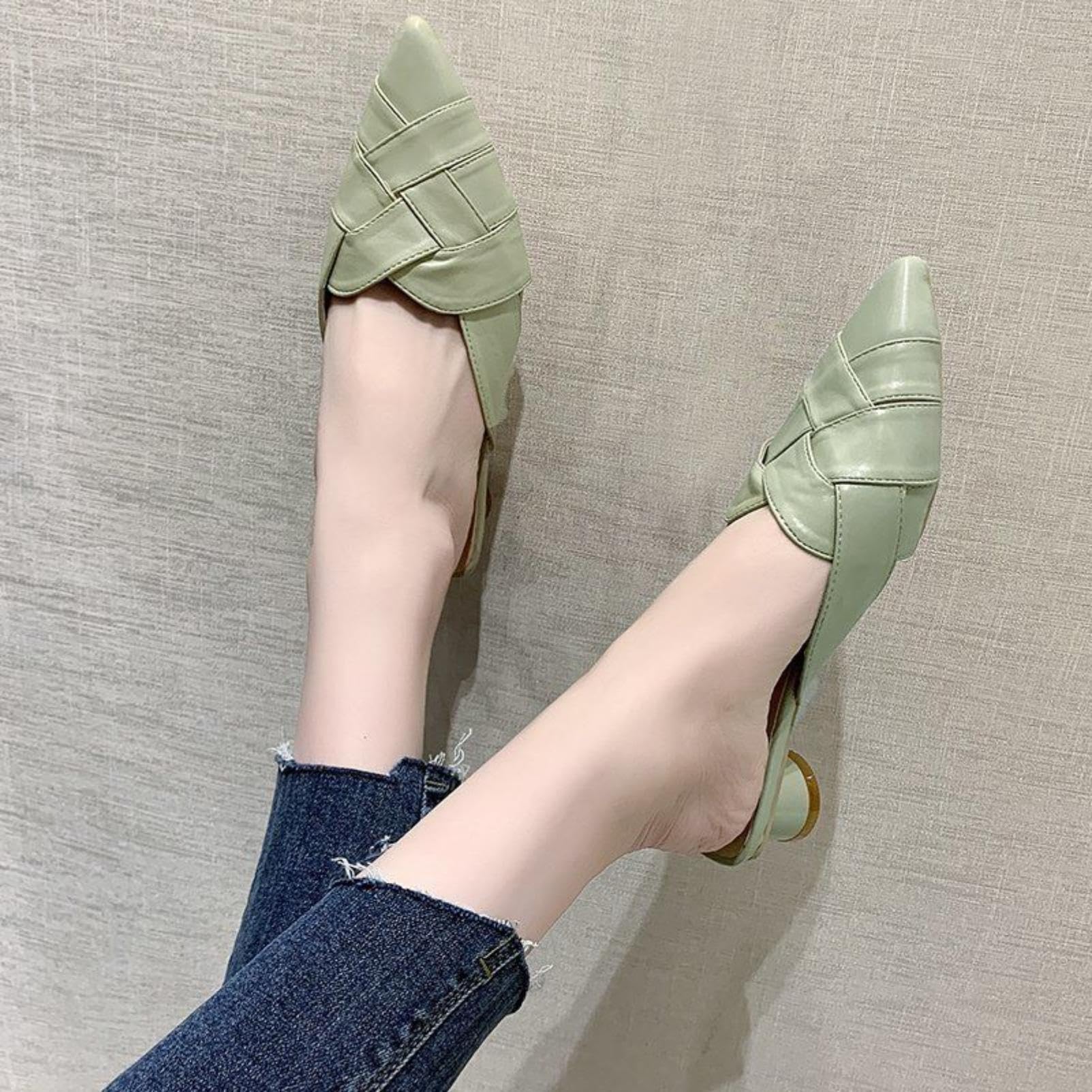 Generico Scarpe Mule da Donna con Punta Appuntita Intrecciata | Sandali Estivi Con Mini Tacco A Blocco, Scivolare Su Sandali A Ciabatta Senza Retro