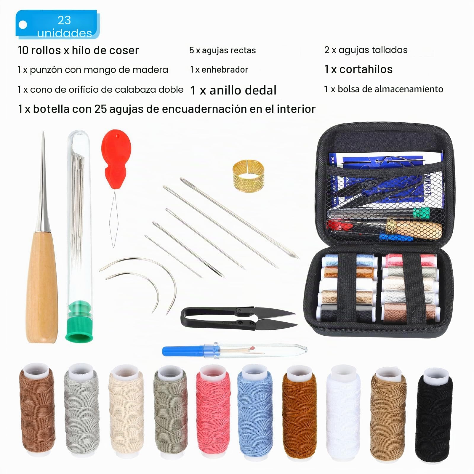 PATIKIL Encuadernación Kit, 23uds Encuadernación Suministros Mano Libro Encuadernación Herramienta con Costura Hilo Punzón Grande-Ojo Agujas Cortahilos Enhebrador