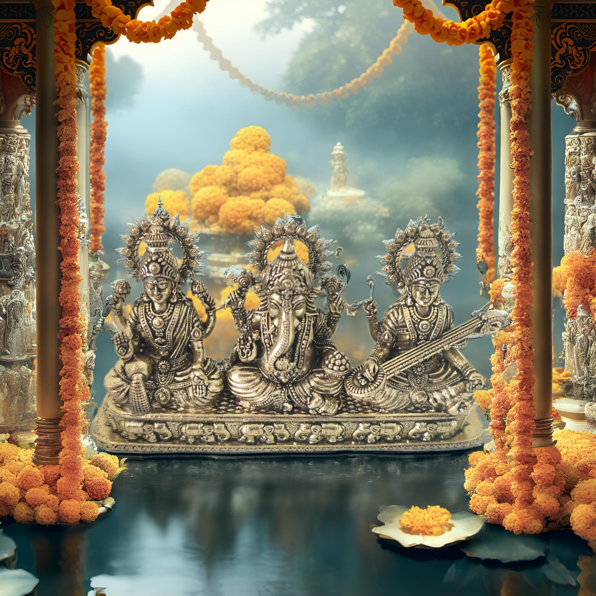 BEXCO Brass Laxmi Ganesh Saraswati Idol, Traditional Antique Gold Finish, 5.1 x 1.2 x 2.8 inches, 270 GMS Hindu Religious Statue for Daily Worship