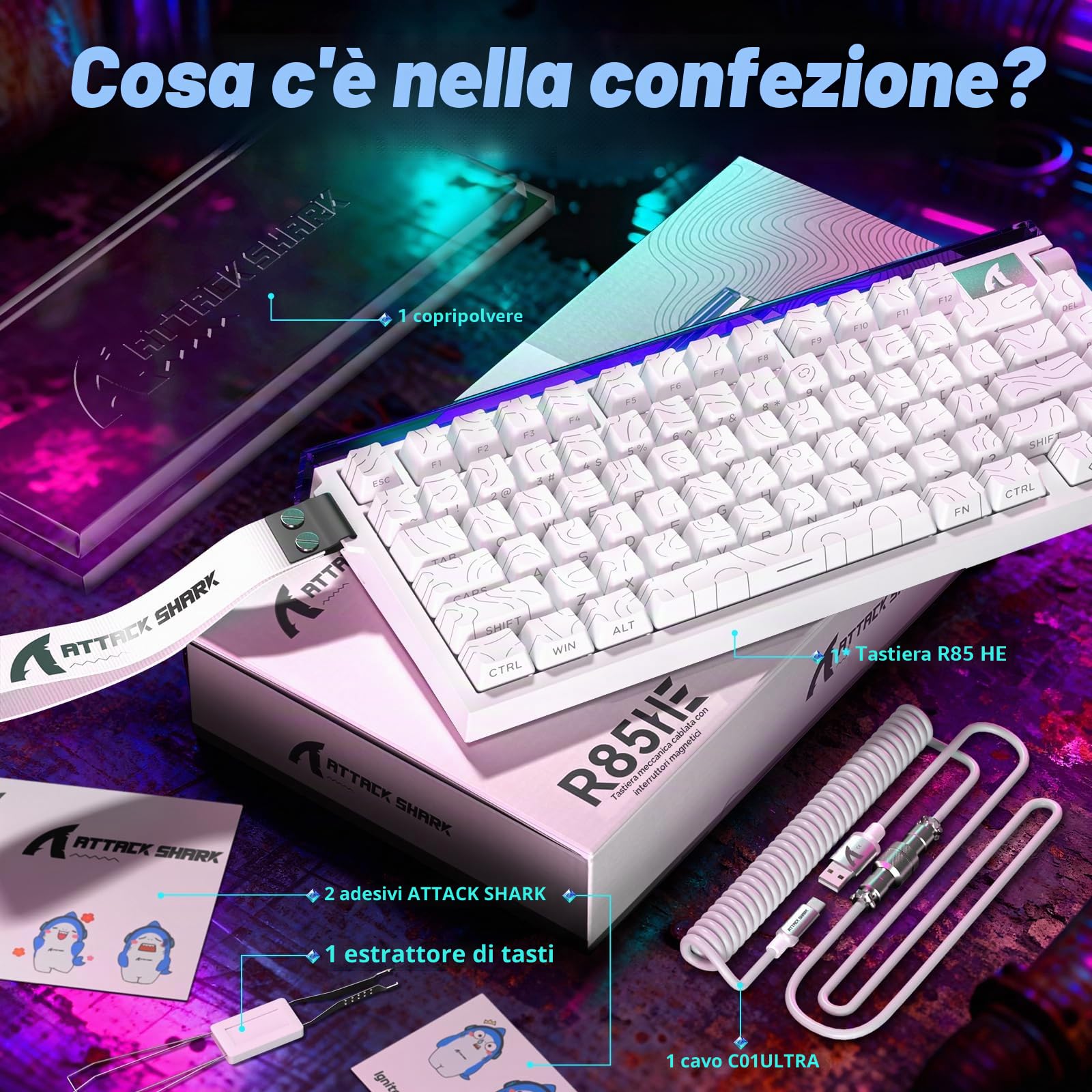 ATTACK SHARK R85 HE Tastiera Gaming Cablaggio 75% con Cavo LED C01ULTRA, Switch Magnetici, Software Multifunzione, Light-Box RGB, Manopola, 8000 Hz, RT Precisione 0,005 mm (Bianco contorno)
