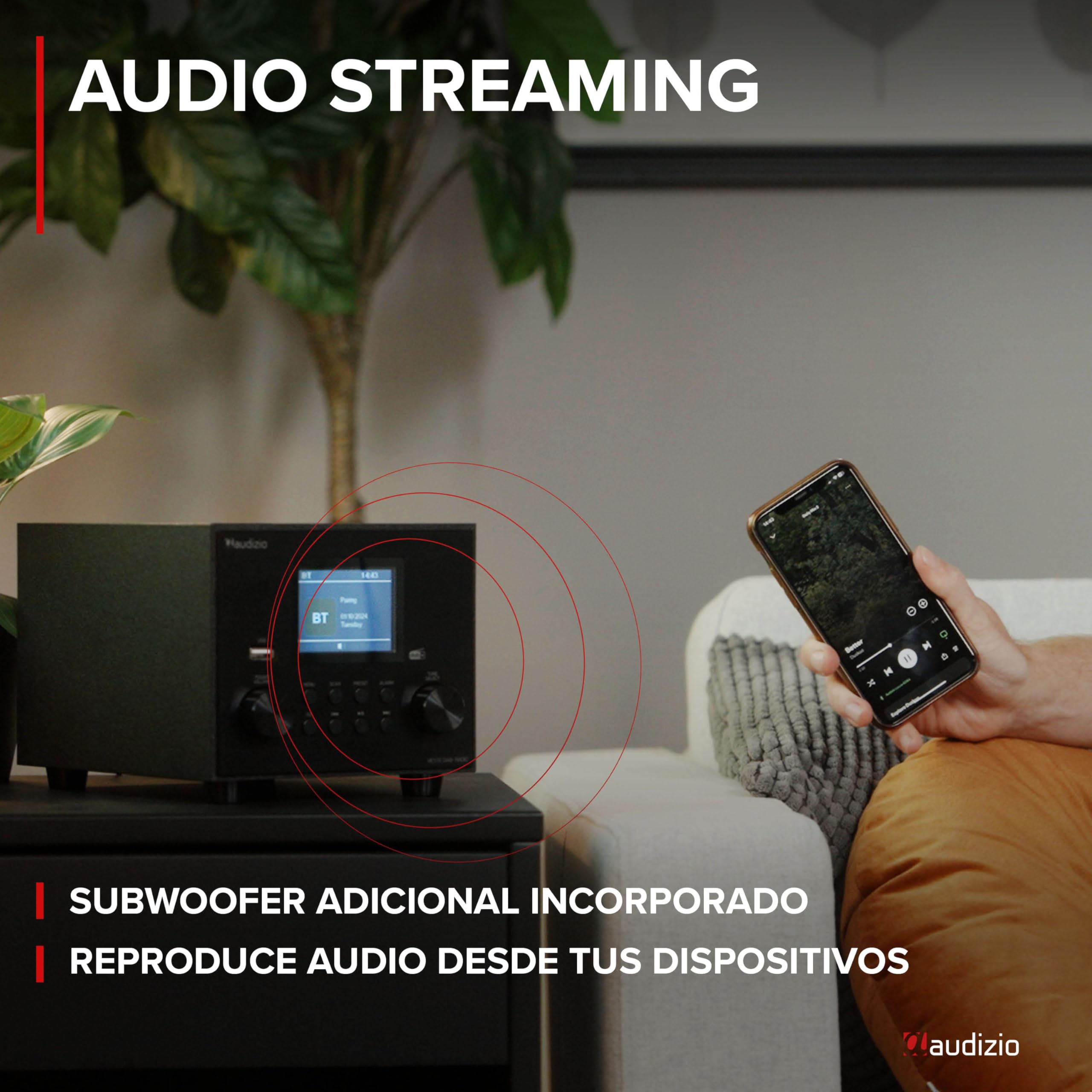 Audizio Vieste Radio Digital Dab+ con Bluetooth y subwoofer en Color Negro, Altavoz Bluetooth con FM, 20 Presintonías, Auto-Scan, Salida de Auriculares, Entrada AUX, Streaming Inalámbrico de Música