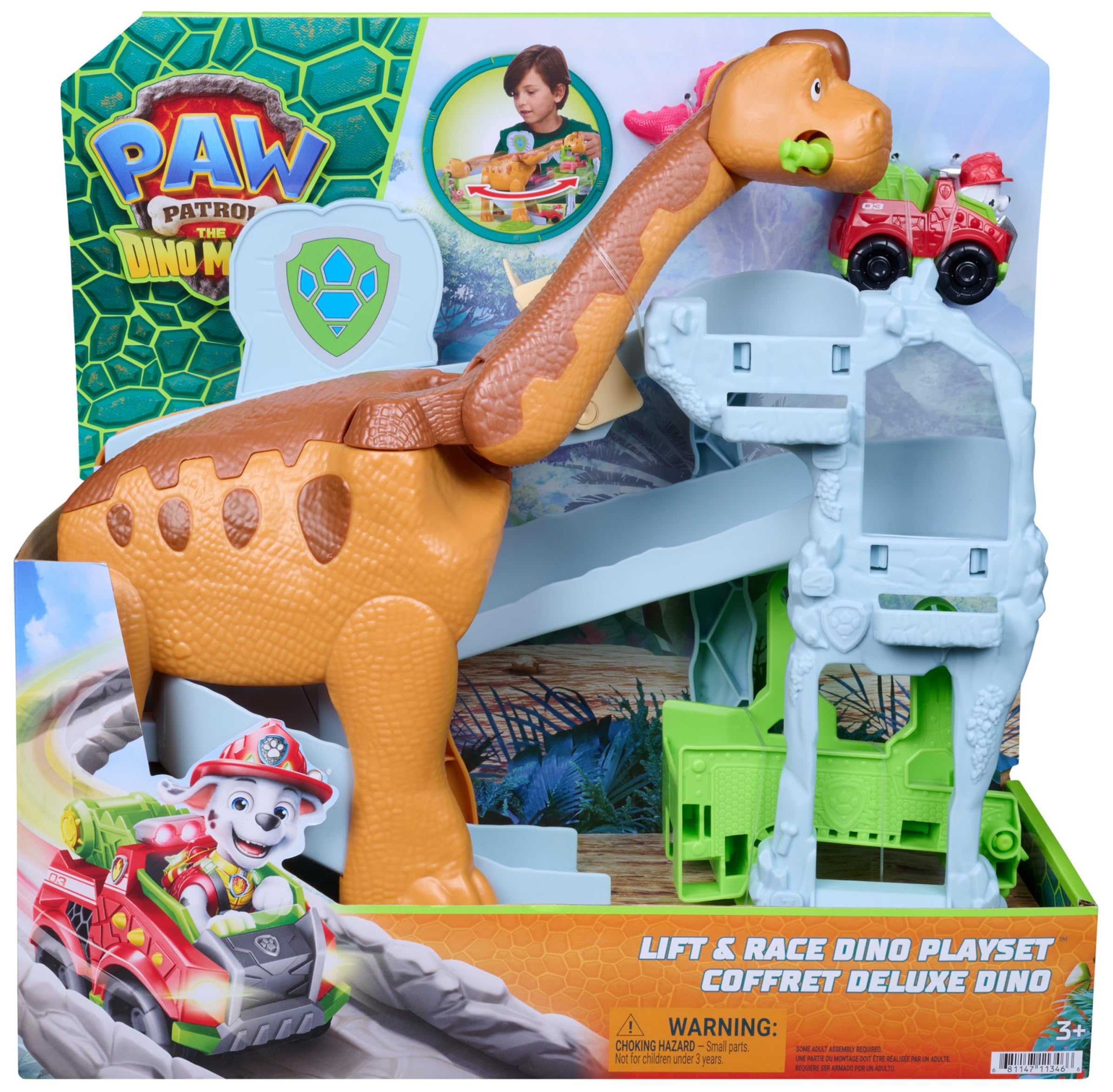 PAW PATROL: Der Dino Film, Pup Squad Lift & Race Dino Spielset mit Marshall Racer und Rhabarber-Figur, Spielzeug für Kinder ab 3 Jahren