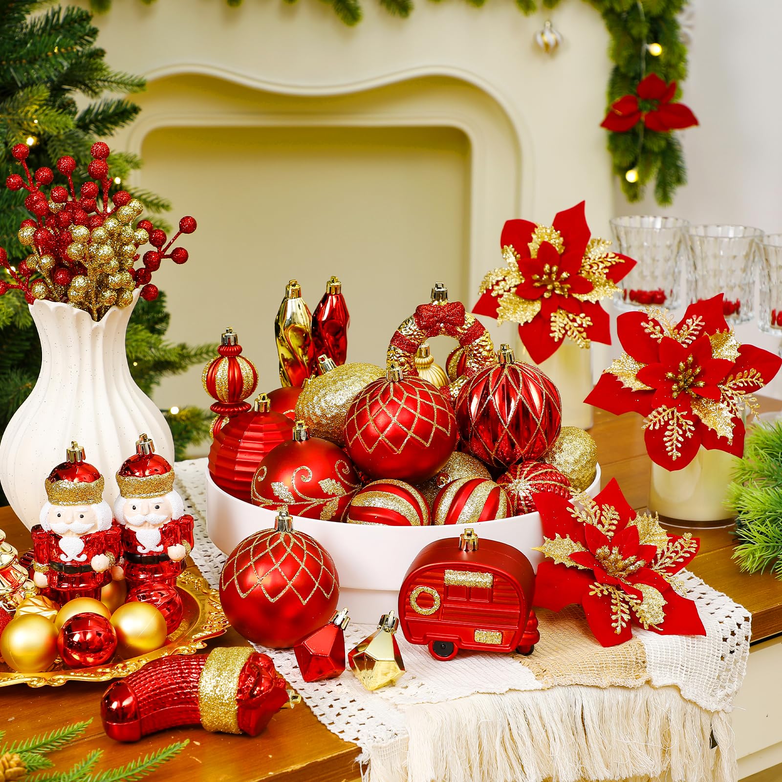 SHareconn Juego de 135 Piezas de Adornos Arbol Navidad, Adornos Bolas de Plástico Irrompibles con Cordón, Decoración Arbol de Navidad, Grandes Decoracion para Bodas (Rojo y Dorado)