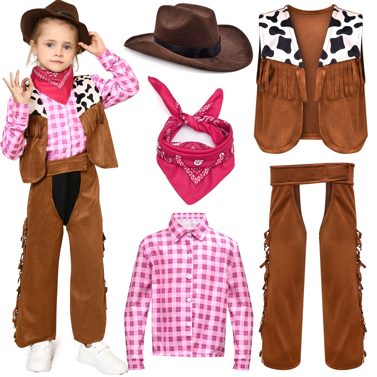 Tacobear Disfraz Vaquera Niños Niñas Disfraz Cowboy Costume Niño con Gorro Vaquero Pañuelo Vaquero Chaleco de Vaquero Accesorios Fiesta Halloween Carnaval Navidad para Niño 3-12años