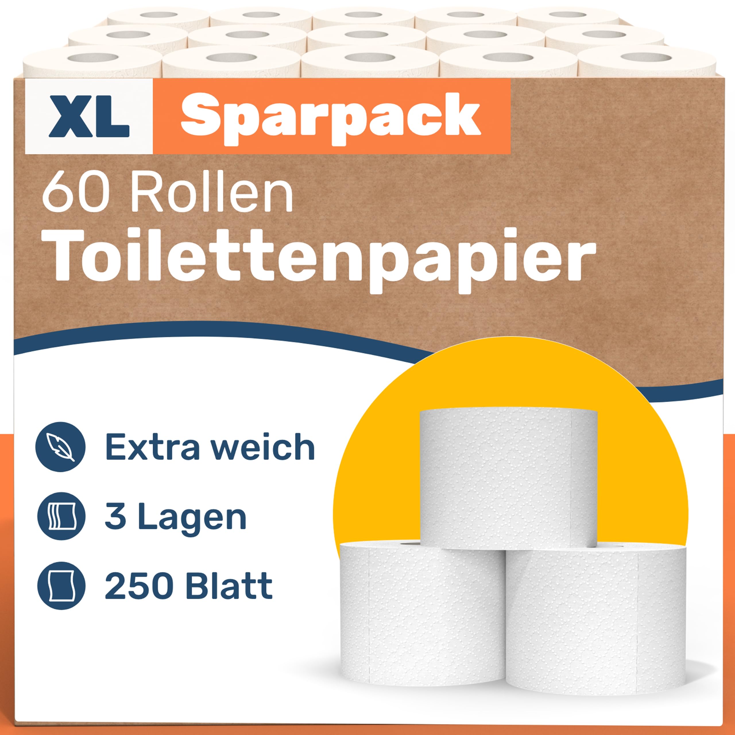 60 Rollen Toilettenpapier 3-lagig – 250 Blatt pro Rolle - Toilettenpapier B-Ware – Vorratspackung