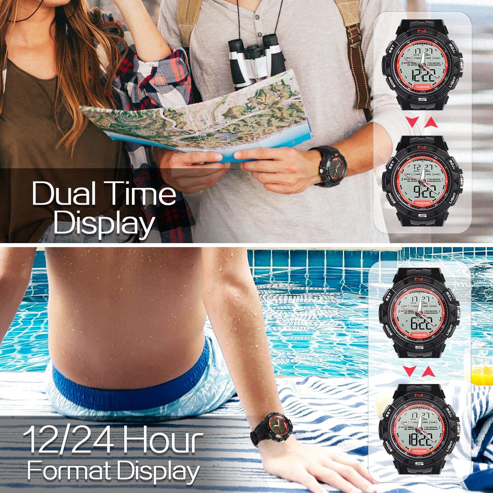 Reloj Pulsera Hombre Impermeable 100 Metros para Buceo y Nadar con Visualización Digital y Analógico, Despertador, Cronógrafo, Hora Dual Calendario, Cuenta Regresiva