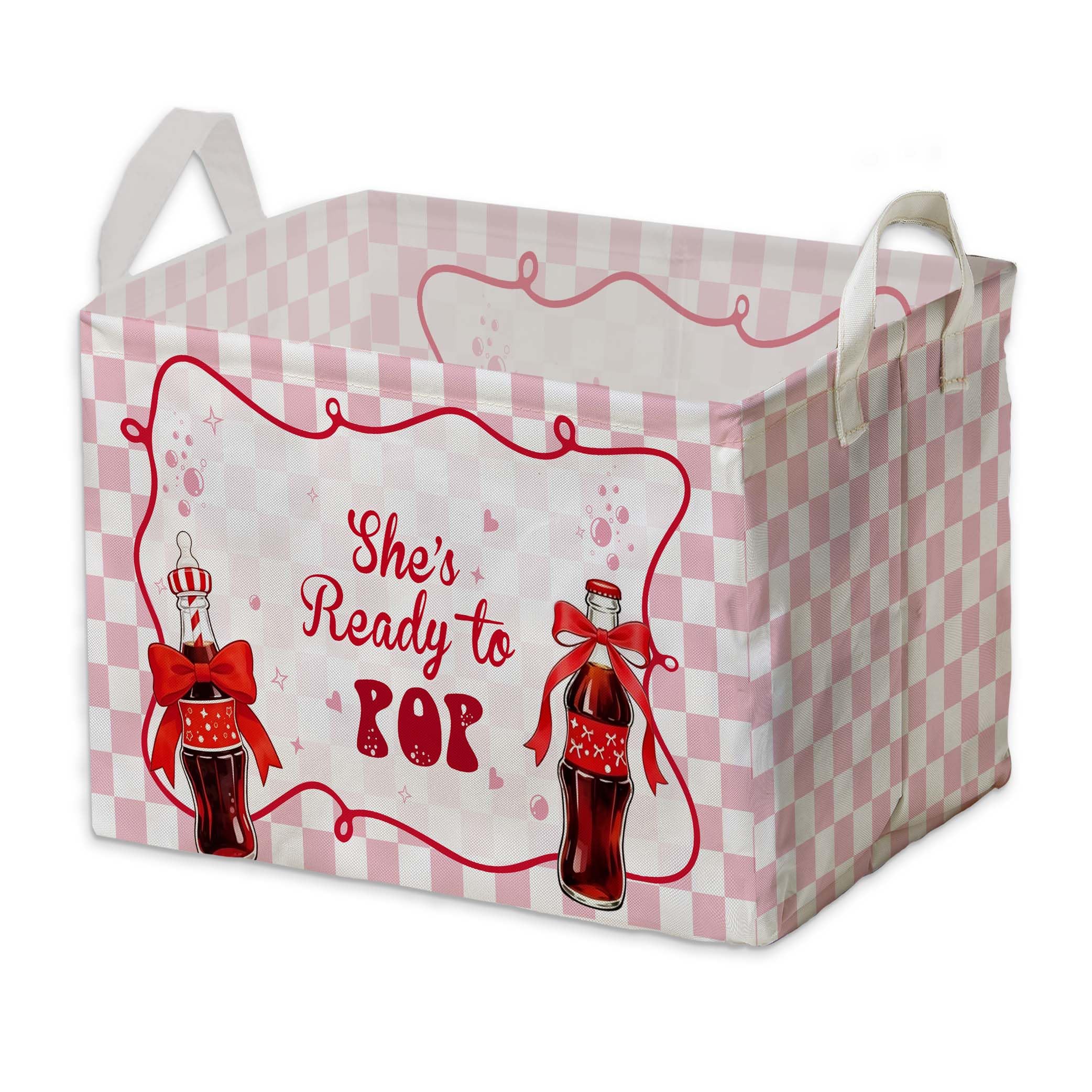 Shes Ready To Pop Baby Shower Decorations,Pink Storage Baskets,Ready To Pop Nursery Decor,Large Square Canvas Laundry Hamper With A Waterproof PE Coating,Foldable Kids Toy Clothes Bins for Bedroom