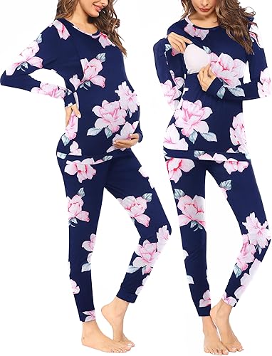 Ekouaer Conjunto de ropa interior térmica de maternidad y lactancia, conjunto de pantalones largos de punto a rayas, capa base superior e inferior