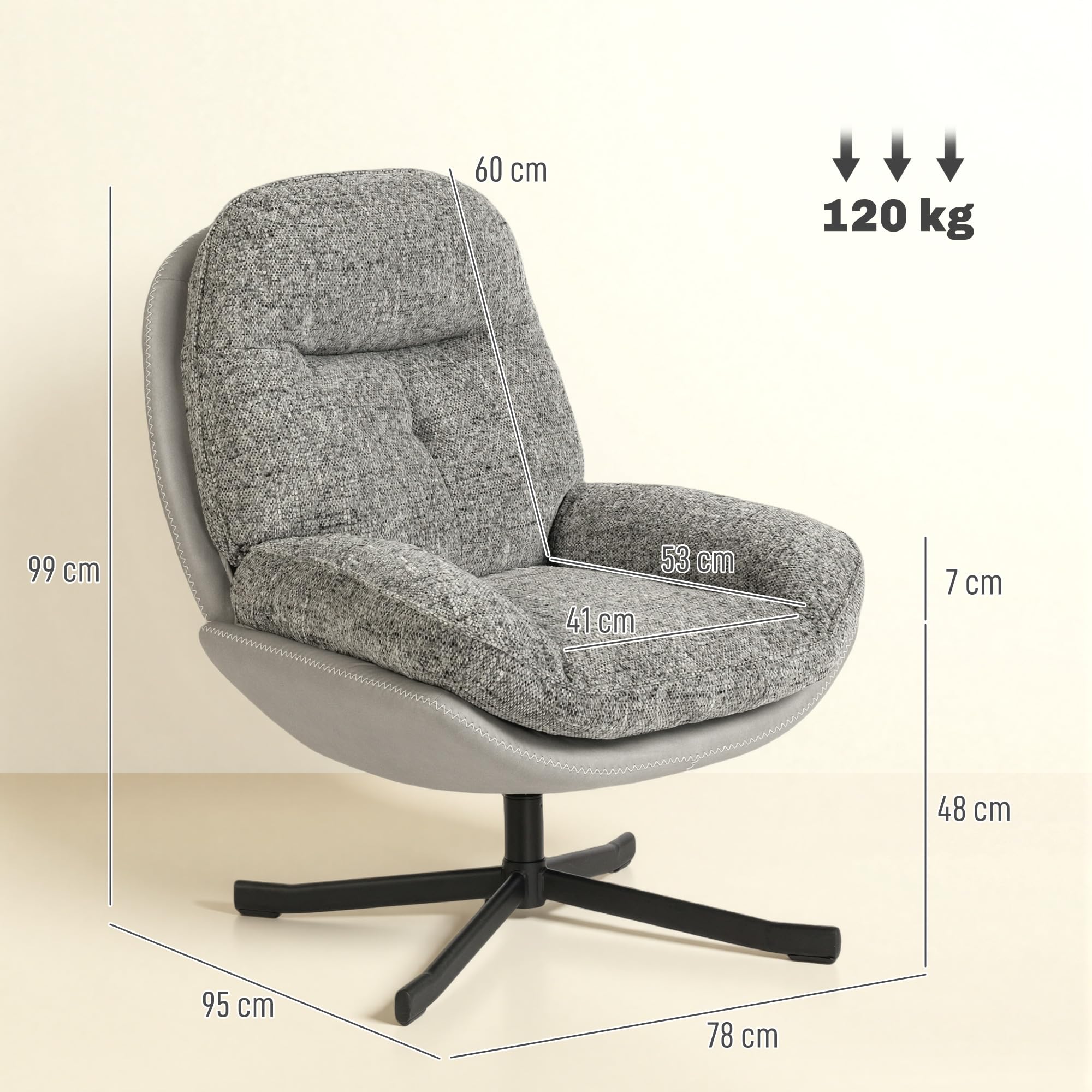 HOMCOM Sillón Giratorio Moderno, Butaca de Salón con Base Cruz, Tapizado en Chenilla y Cuero PU, Asiento Ancho Doble, Patas de Acero y Reposabrazos, Sillón Relax para Sala de Estar, Dormitorio, Gris