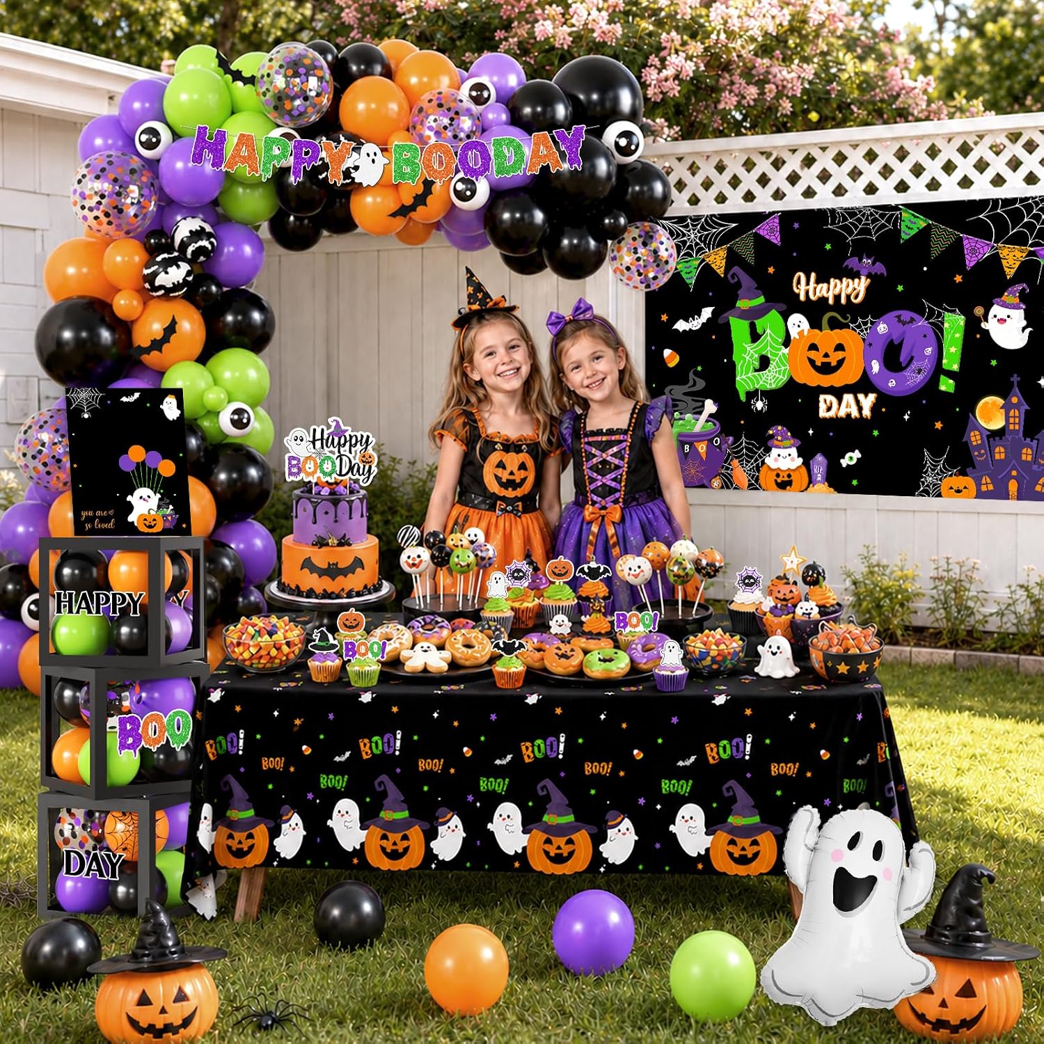 Halloween Birthday Decorations - 264Pcs Black Purple Green Cute Ghost Happy Boo Day Tableware Balloon Arch Garland Kit
