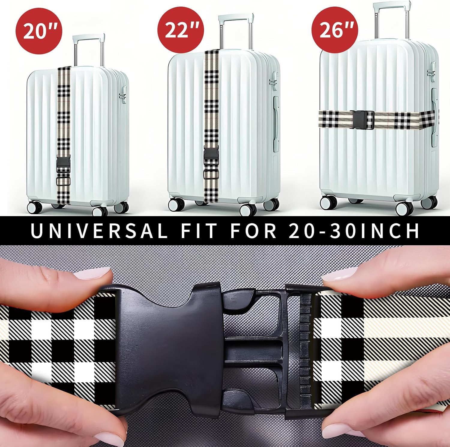 Luggage Straps for Suitcases, Heavy Duty Travel Belt with Quick-Release Buckle, Adjustable Suitcase Strap, Cute Luggage Accessories for Travel Classic Plaid