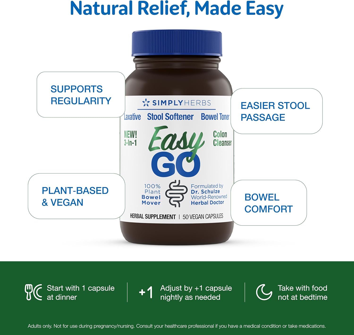 Simply Herbs Easy Go Bowel Mover - Adult Cleansing Supplement for Colon Health Support - Bowel Movement Aid - Stool Softener - Daily-Use Laxative - Plant-Based Ingredients - Vegan - 100 Count (2 Pack)