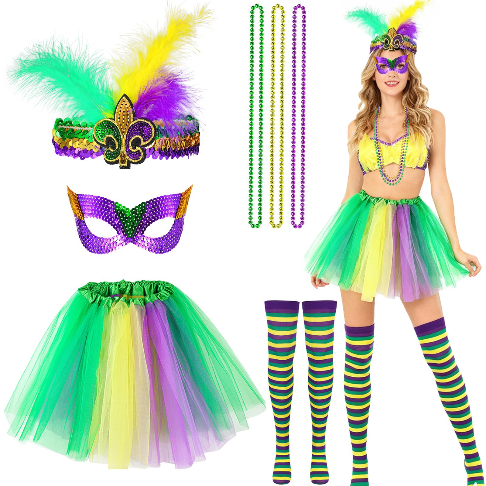 Hifot 7 Pieces Mardi Gras Costume Accessory Set for Women Tutu Skirts Mardi Gras Beads Carnival Headdress Mask Long Socks Carnival Costume