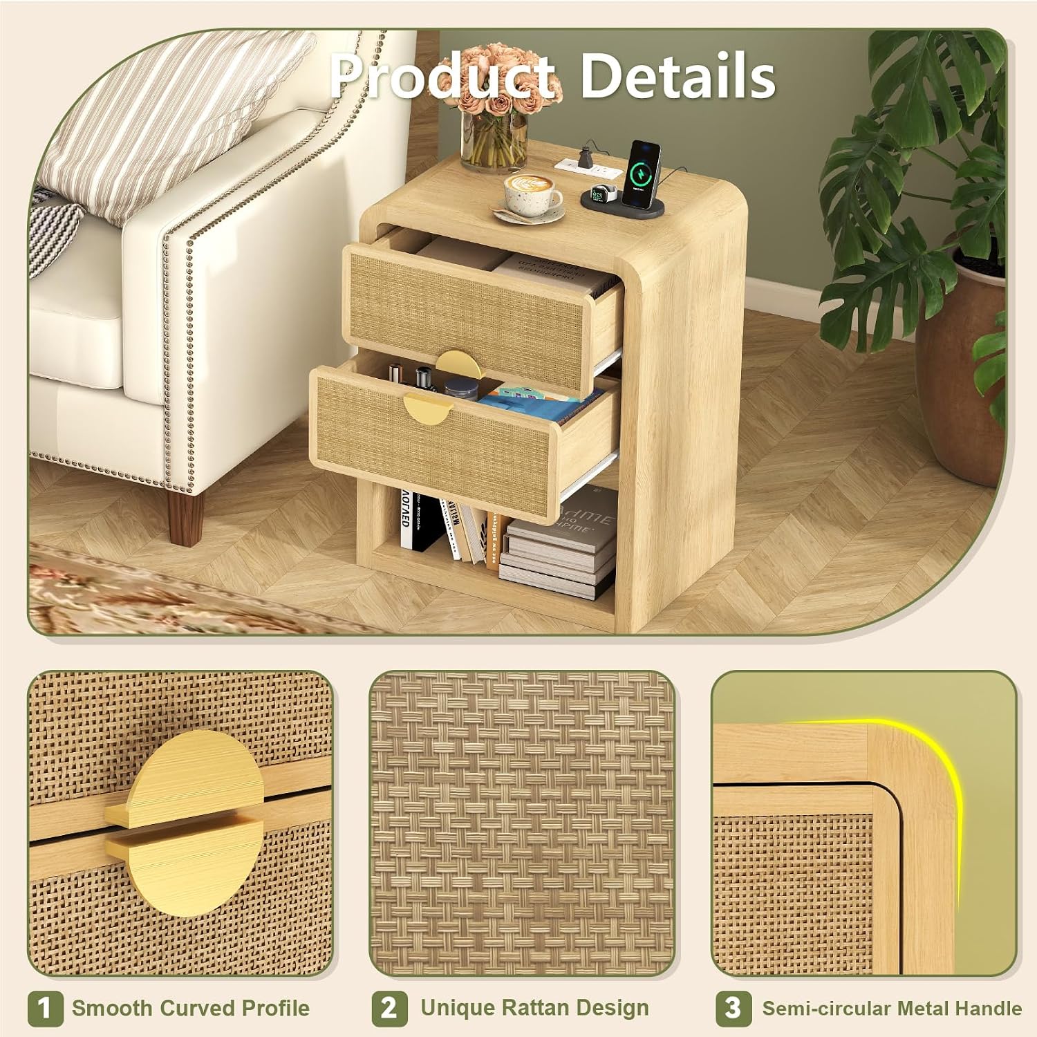 YOSHOOT Rattan Night Stand with Charging Station, Boho Bedside Table with 2 Drawers & Open Storage, Thickened Curved Profile Design, Wood Nightstand Side End Table for Bedroom (1 Pack, Natural Oak)