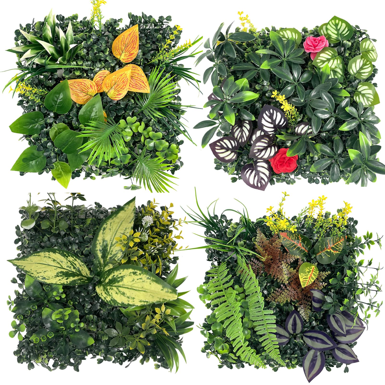 Lxoraziy 4Pcs Artificial Green Wall Panels 25x25cm, Mixed Fake Plant Wall Mat for Indoor Outdoor Wall Decor Garden Fence Privacy Screen -E