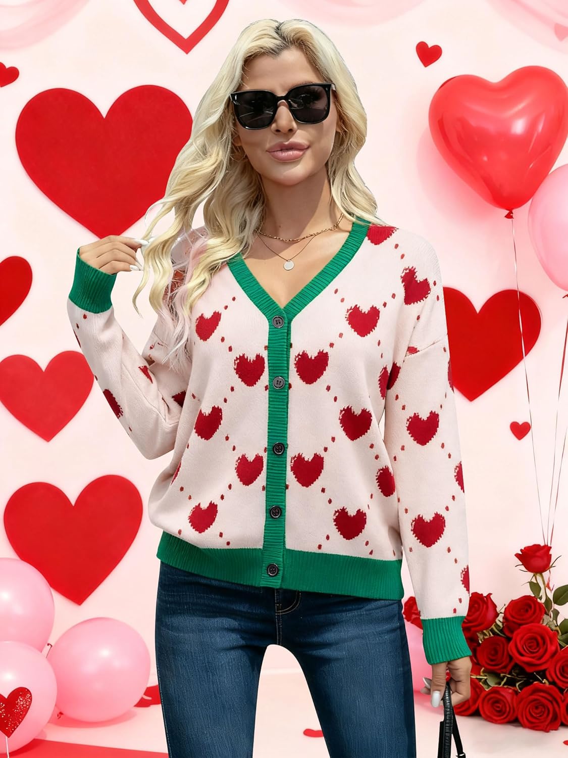 NEWWEN Valentines Cardigan Sweaters for Women Heart Graphic Knit Sweater Button Down V Neck Open Front Outerwear - Image 6